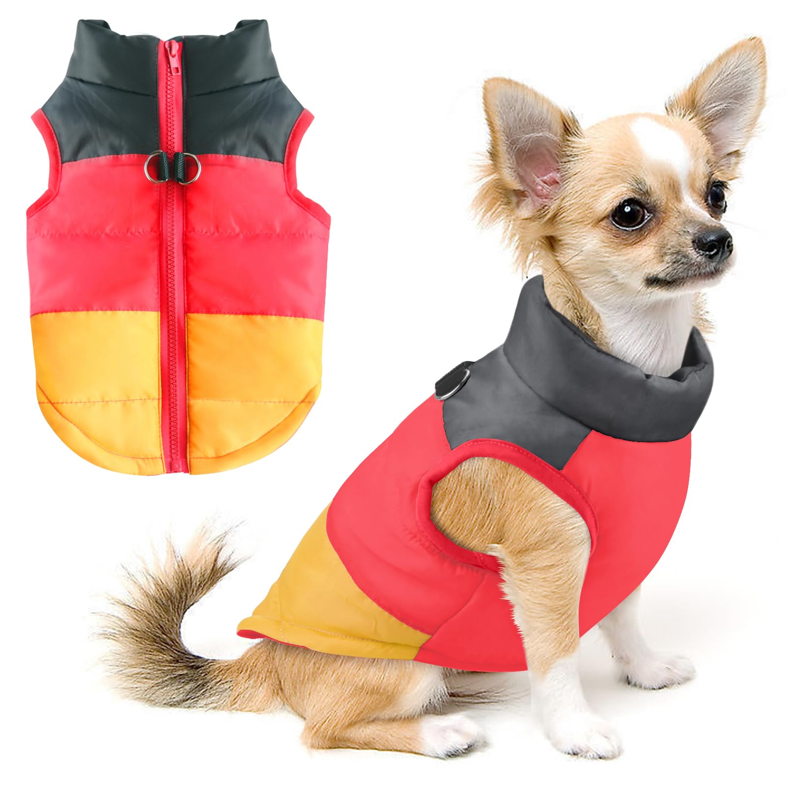 Idepet Pet Dog Cat Coat With Leash Anchor Color Patchwork Padded Puppy Vest Jacket Teddy Chihuahua Costumes Pug Cloth Xs S M L (Small (Pack Of 1), Yellow)