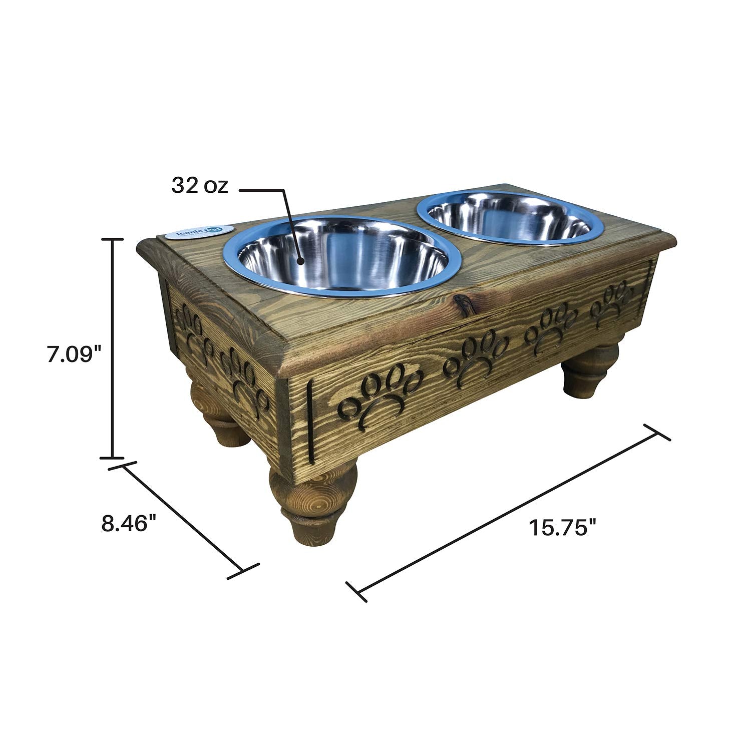 Iconic Pet Sassy Paws Raised Wooden Pet Double Diner with Stainless Steel Bowls for Dogs In Varying Sizes & Colors (Rustic Brown