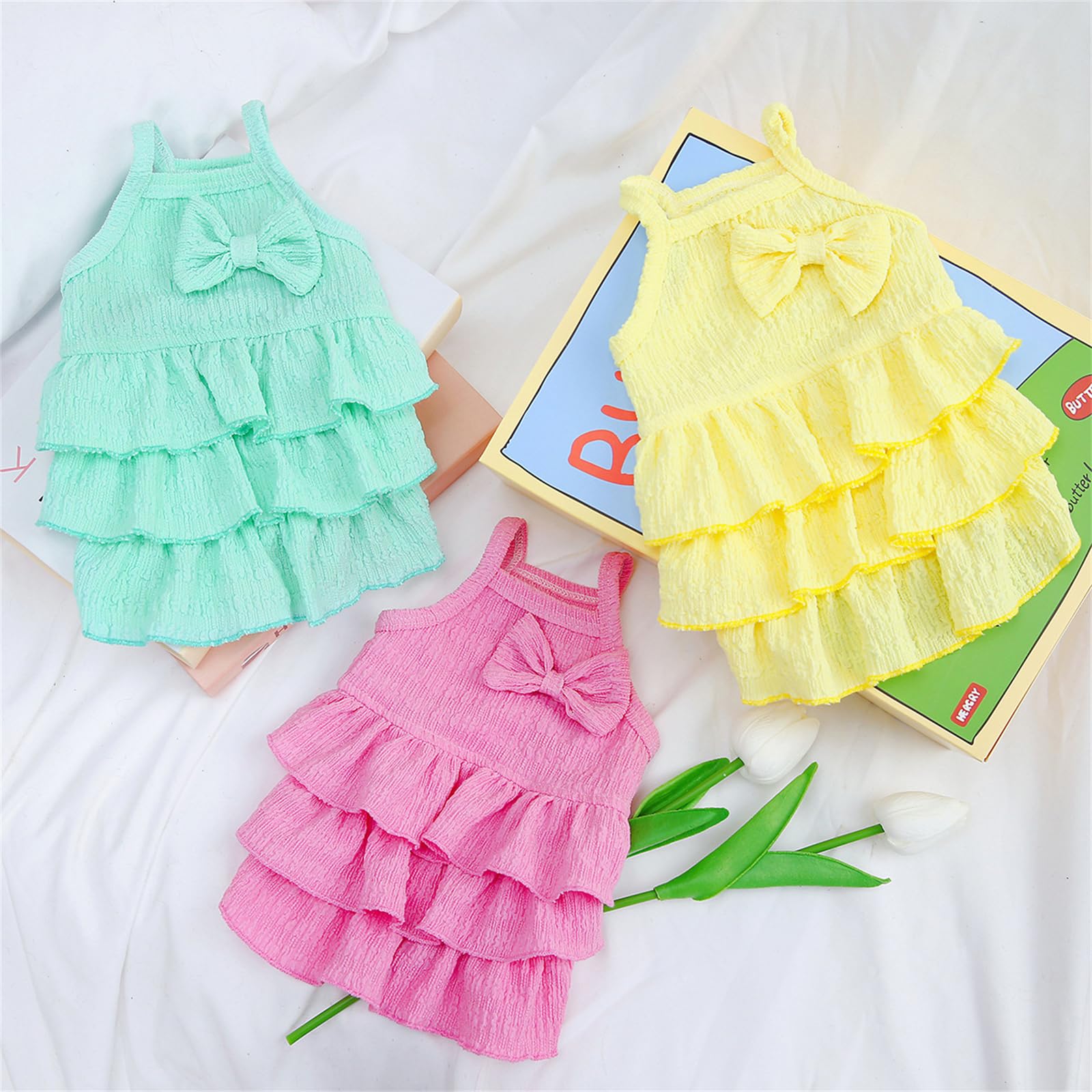 Yaopelky Cat Dress Dog Clothes For Small Medium Dogs Girl Tiered Layer Cake Puppy Dresses With Bow Cute Dog Girls Summer Clothe