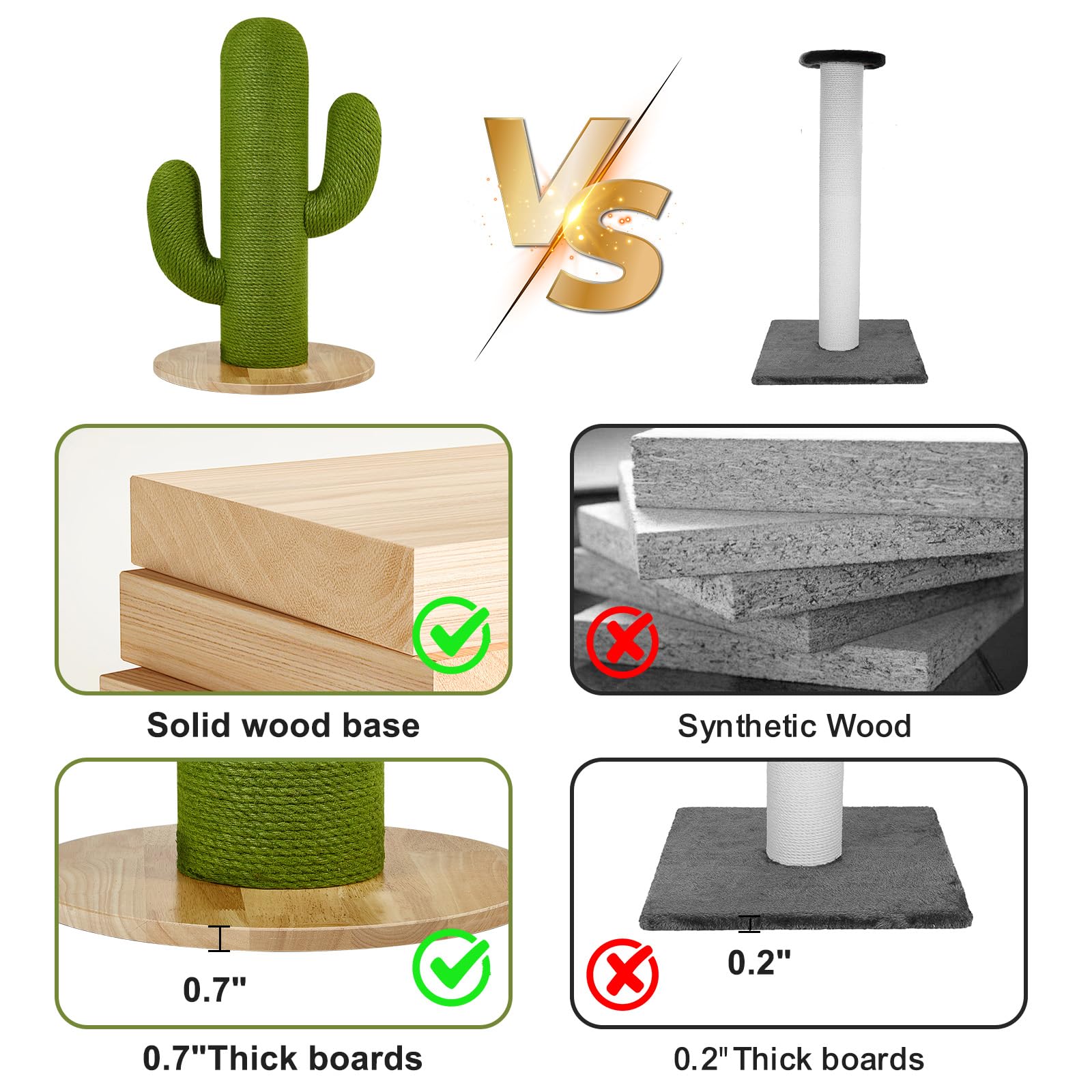 Towntime Cat Scratching Post With Solid Wood Base,27.55'' Hx17.71 Lx17.71 W Tall Scratching Posts For Indoor Cats Adults,Cactus