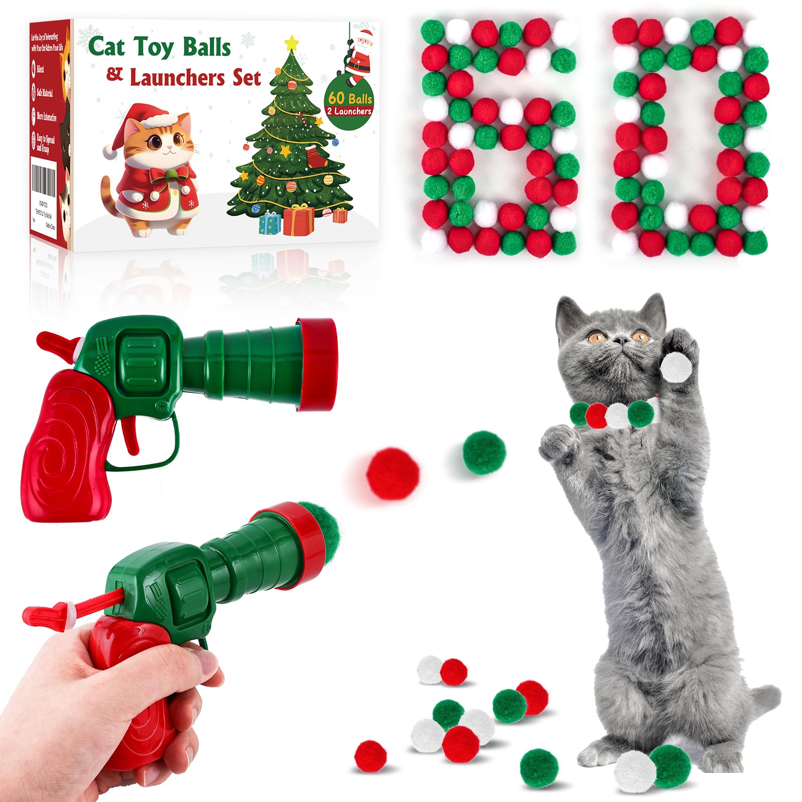 Teawoo Cat Toy Balls With Launchers Set (2+60), 60 Cat Pom Pom Balls & 2 Cat Toy Ball Launchers, Cat Enrichment Toys, Interactiv