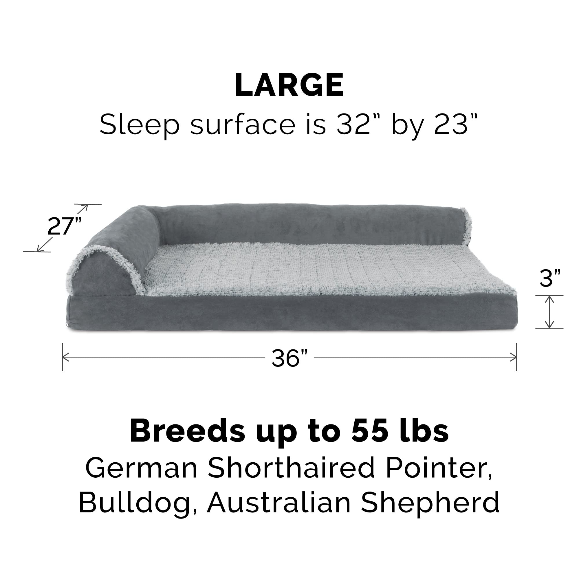 Furhaven Orthopedic Dog Bed For Large/Medium Dogs W/ Removable Bolsters & Washable Cover, For Dogs Up To 55 Lbs - Two-Tone Plush Faux Fur & Suede L Shaped Chaise - Stone Gray, Large