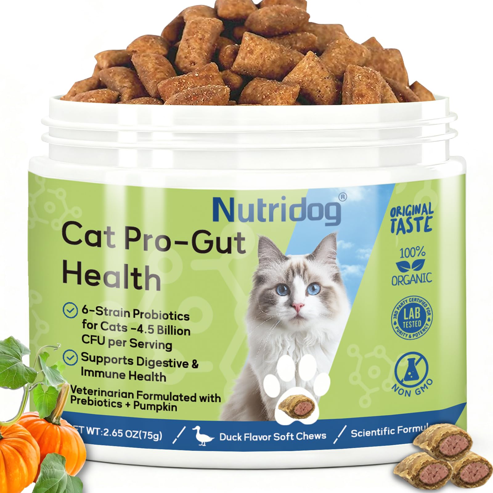 Nutridog Cat Probiotic for Digestive & Gut Health - 150 Dual Texture Crunchy & Creamy Bites - Relief for Constipation, Diarrhea 