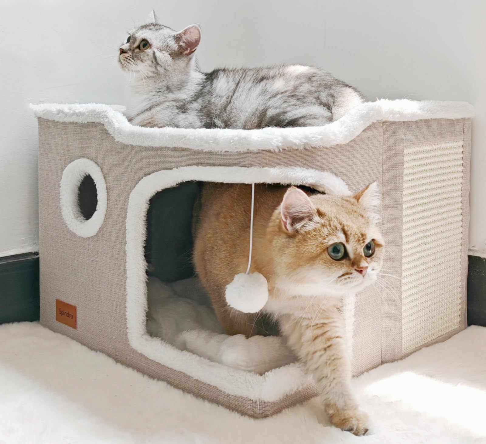 Spindro Large Cat Cave Bed for Indoor Cats, Foldable Pet House Cube with Scratch Pad, Kitten Condo Cat Hideaway Cute Hut with So