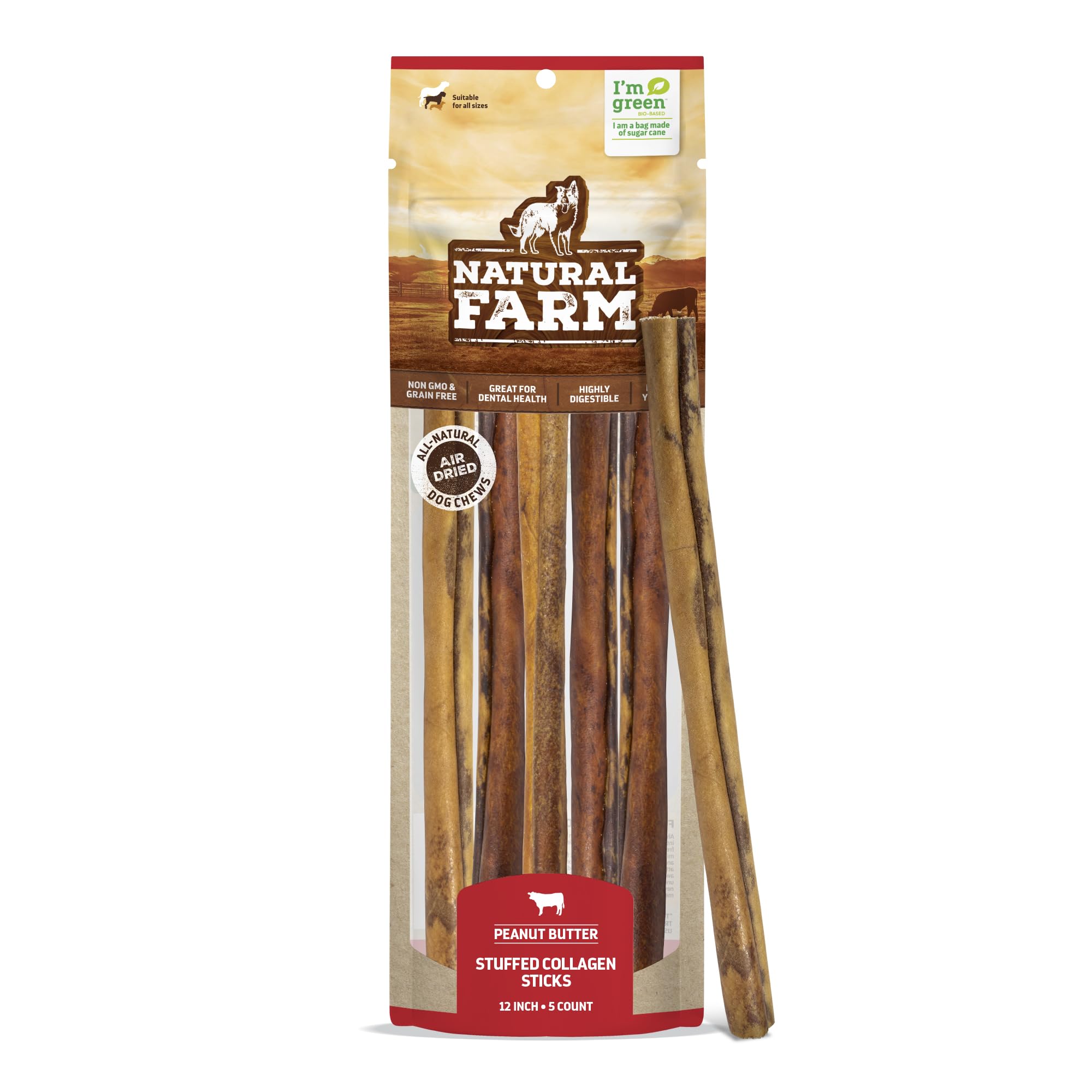 Natural Farm Peanut Butter Stuffed Collagen Sticks for Dogs (12 Inch, 5-Pack), Rawhide-Free Collagen Sticks, Natural Long Lastin