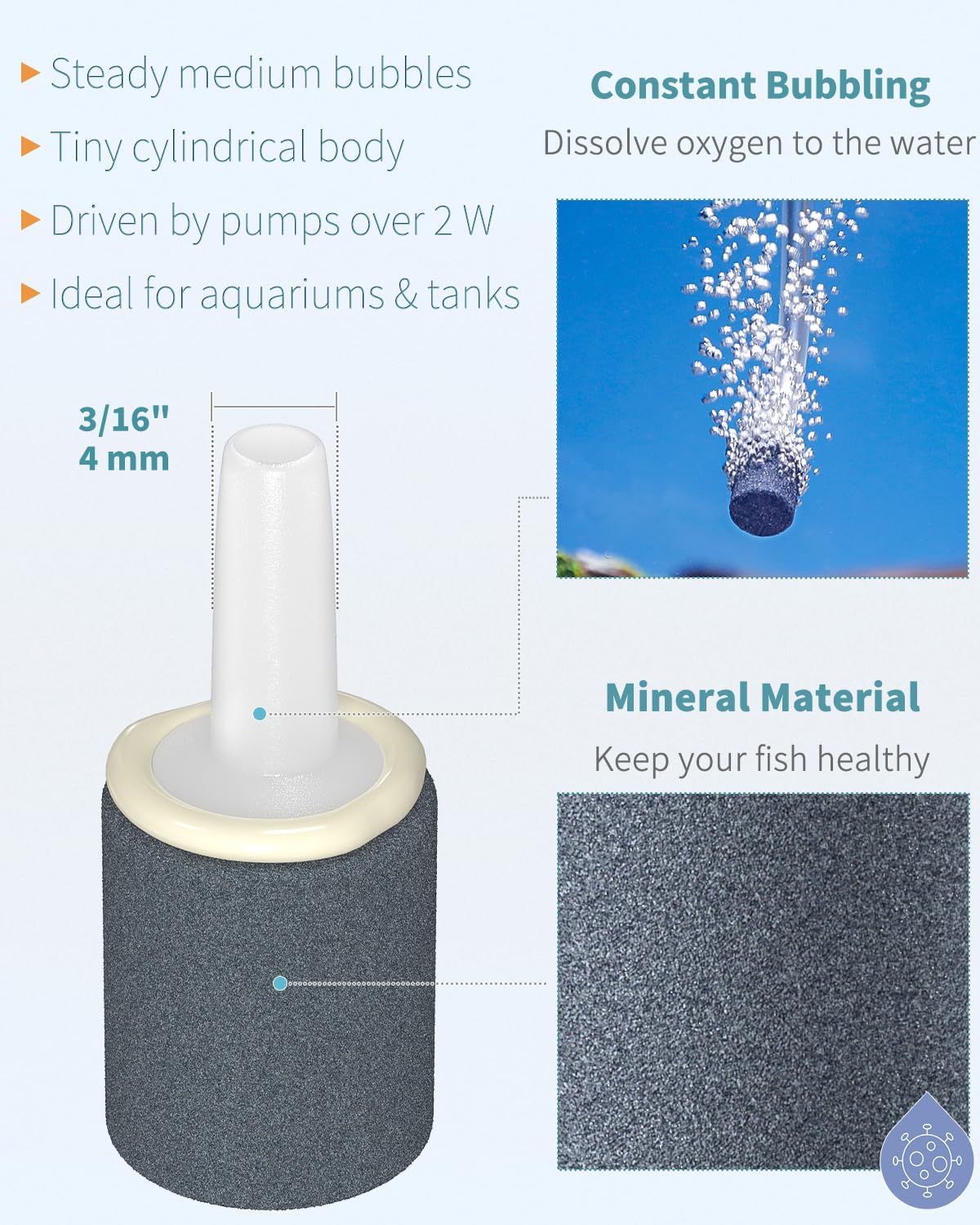 Pawfly Aquarium 0.6 Inch Air Stone Cylinder Bubble Diffuser Release Tool for Nano Air Pumps Small Buckets and Fish Tanks, 12 Pac