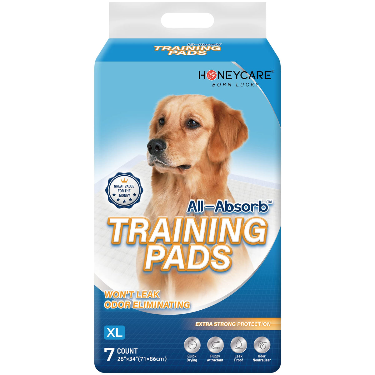 Honey Care All-Absorb Dog Pee Pads 28' X 34' (Pack Of 7), Ultra Absorbent And Odor Eliminating Dog Puppy Pads For Training, 5-Layer Leak-Proof Pee Pads With Quick-Dry Surface For Potty Training