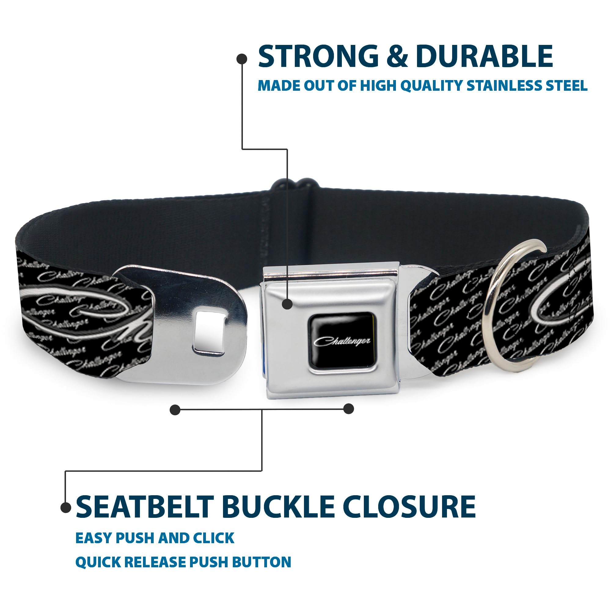 Buckle-Down Seatbelt Buckle Dog Collar - CHALLENGER Repeat w/Text Black/White - 1.5 Wide - Fits 16-23 Neck - Medium