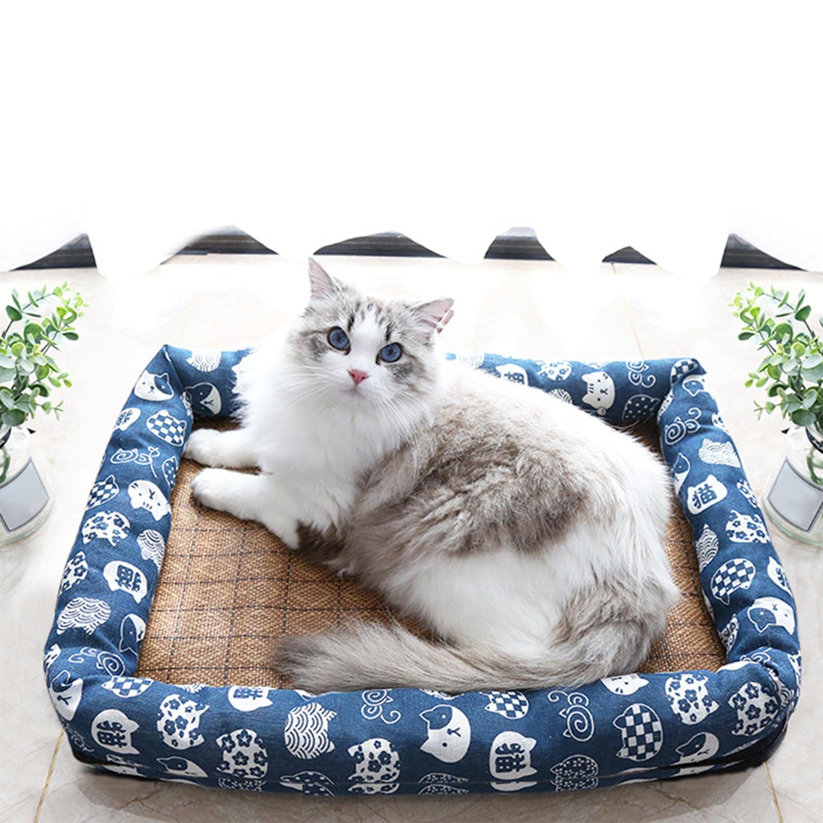 APIRILY Cooling Mat Pad for Dogs Cats Bamboo Rattan Summer Cushion Dark Blue 65x50CM | Pet Supplies | Dog Supplies | Beds