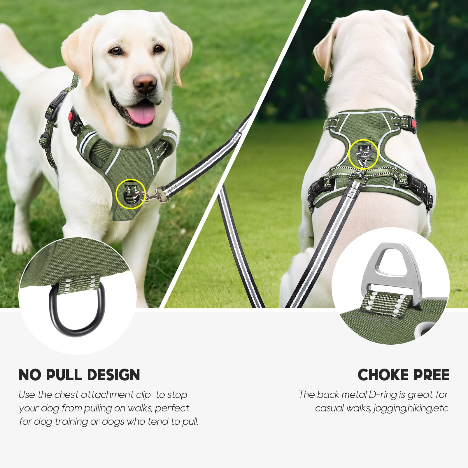 Timos No Pull Dog Harness, Medium, Lock Green, 1680D Oxford, Adjustable, Reflective Vest with Front Clip and Control Handle