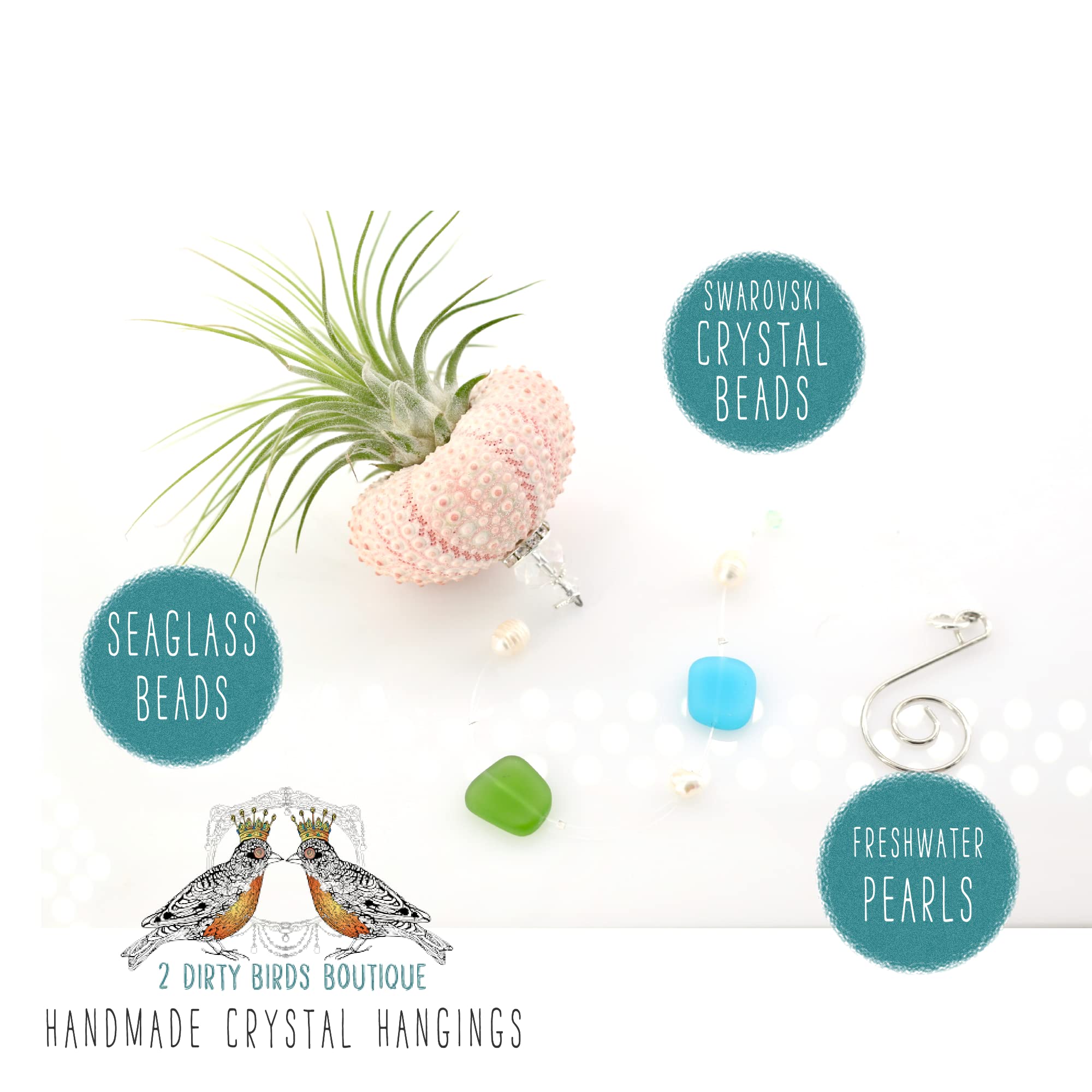 2 Dirty Birds, Handmade Single Peach Hanging Jellyfish Live Air Plants, Sea Urchin Shell W/Sea Glass, Swarovski & Freshwater Pea