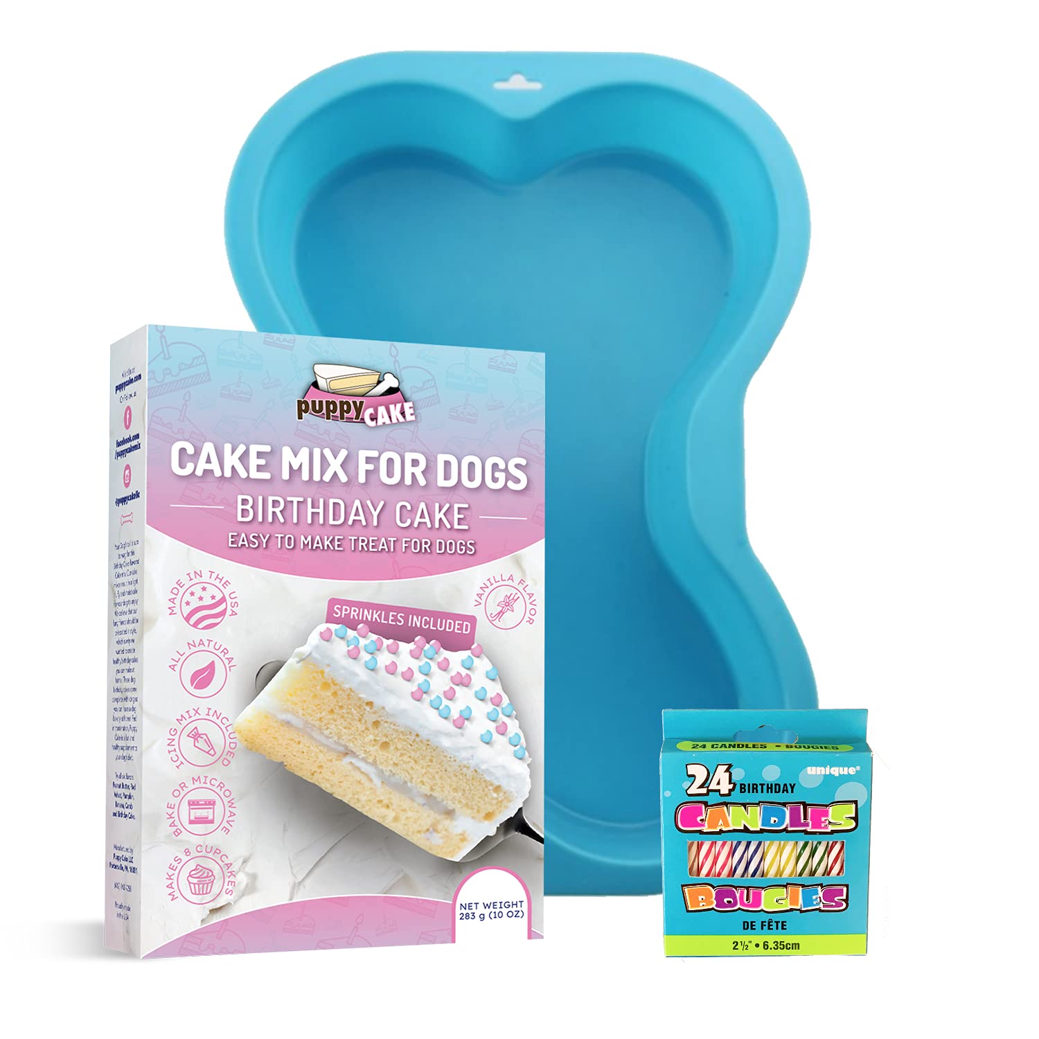Puppy Cake Mix Dog Birthday Cake Kit, with Bone Silicone Pan and Candles (Birthday Cake, Blue) Made in USA