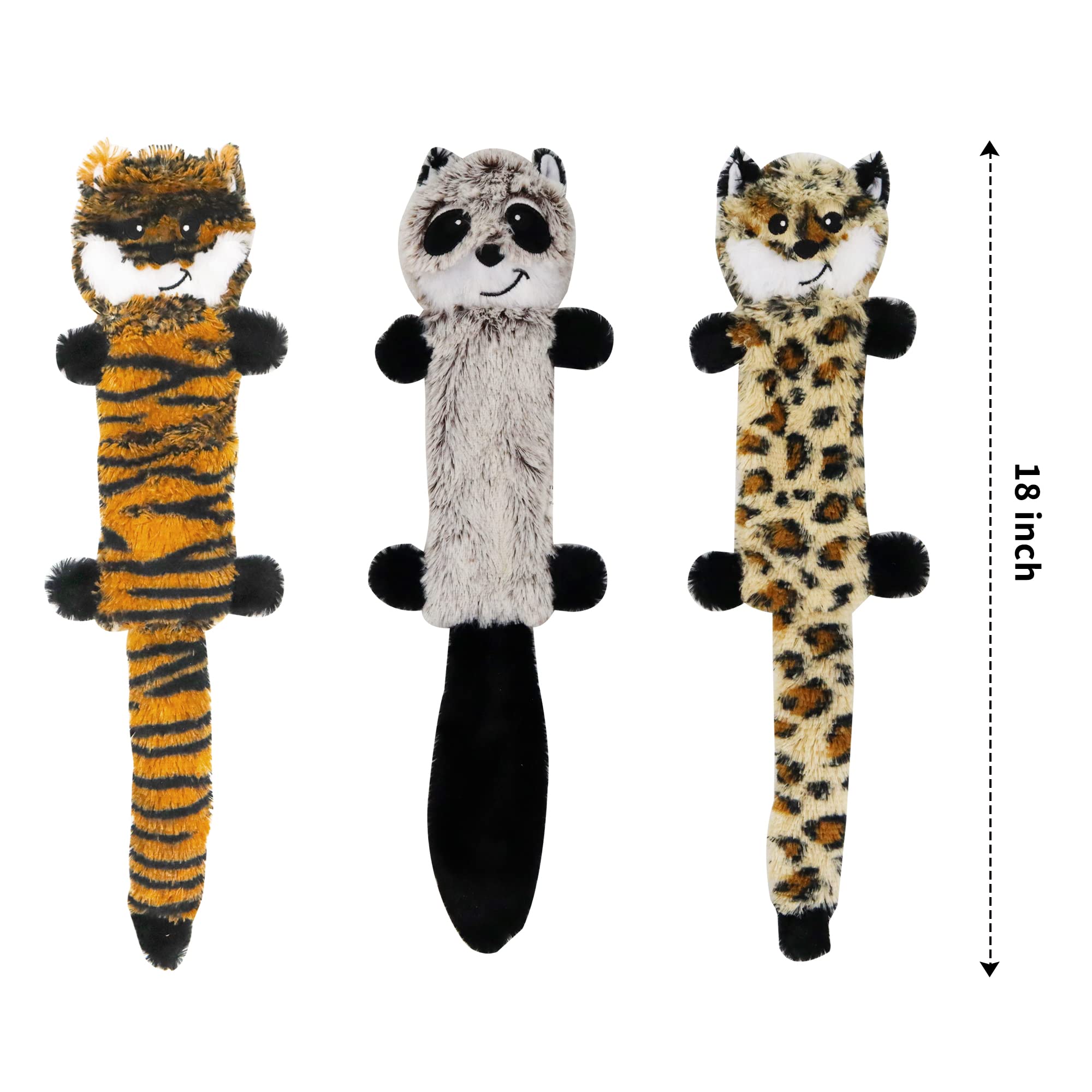 Joytoy Soft Dog Toy Stuffless Pets Toy Sets - Pets Dog Christmas Toy Sets 3 Pack 18 Inch - No Stuffing Puppy Teething Toys(Leopard,Tiger,Raccoon 18 Inch)