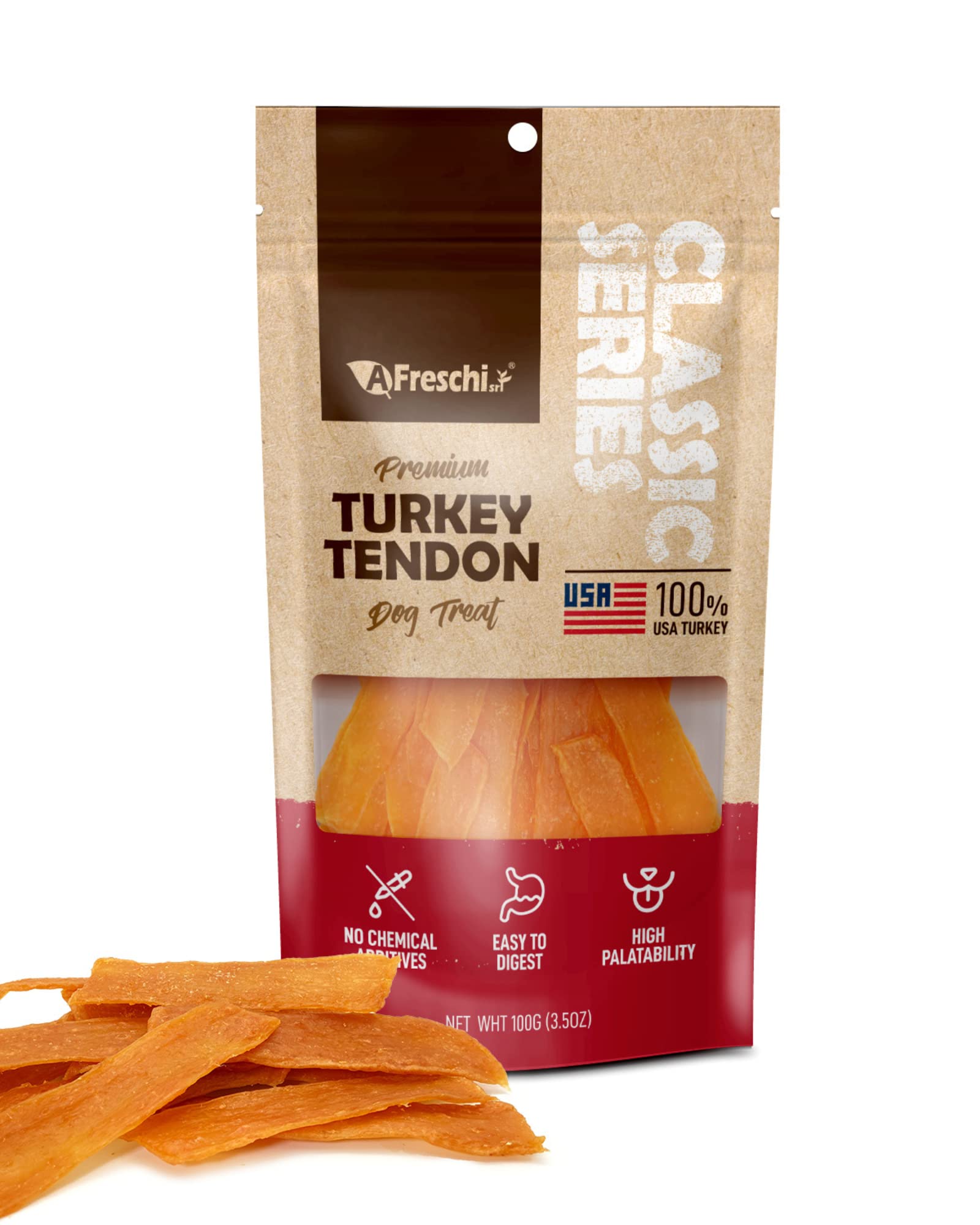Afreschi Turkey Tendon Slice 3.5 oz, Turkey Sourced from USA, Treats for Classic Series, All Natural Human Grade Dog Treat, Suit