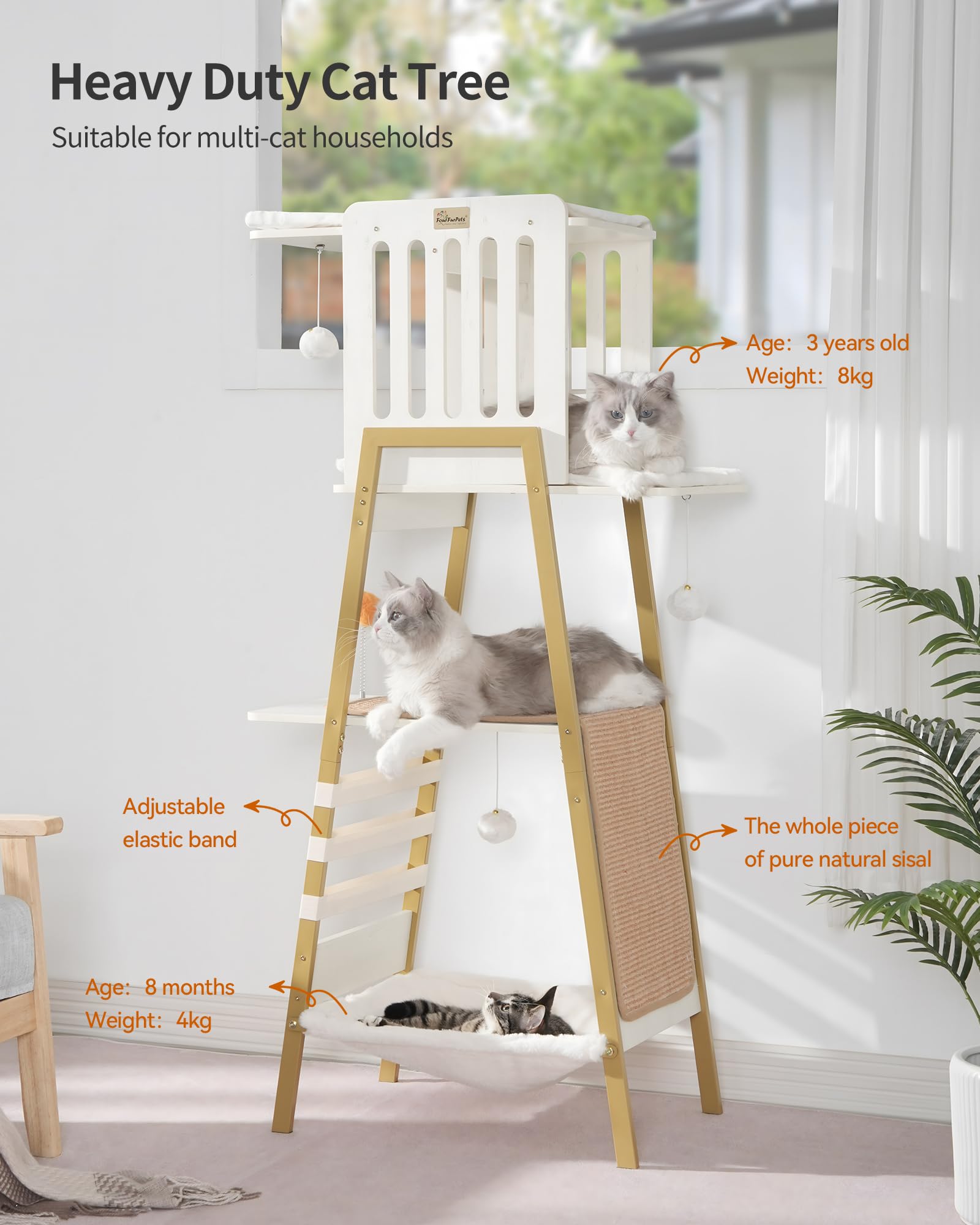 FourFurPets Modern Cat Tree, 58-Inch Cat Tower for Large Cats, Maine Coon Cat Tree with Scratching Board, Large Perch, Hammock a