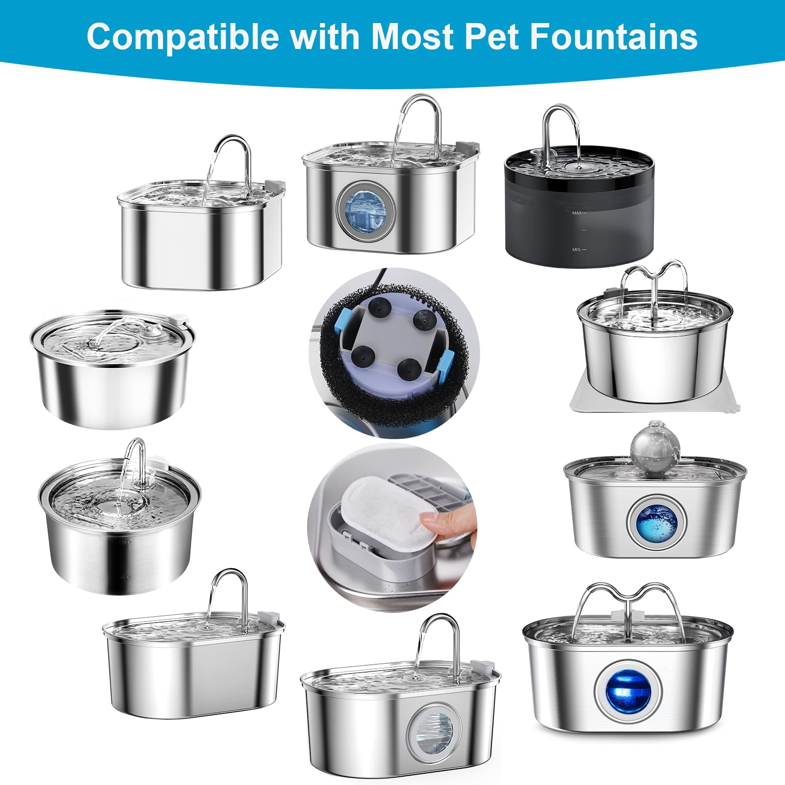 Cat Water Fountain Filters For 108/3.2L& 67Oz/2L Stainless Steel Cat Fountain-Pet Water Dispenser, Replacement Filters For Pet Drinking Fountain(8 Filters&8 Sponges)