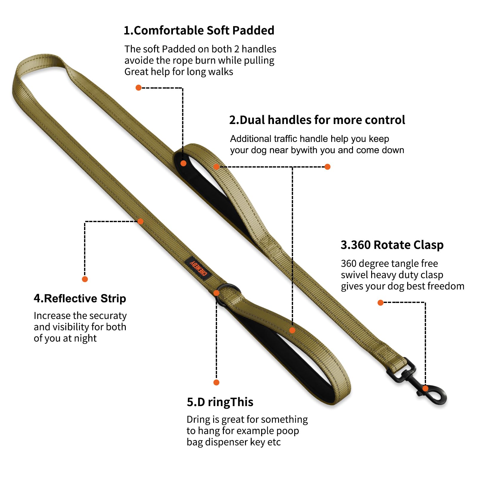 Heavy Duty Double Handle Leash - Reflective Training Lead For Large Breed Dogs (6Ft Deep Green)