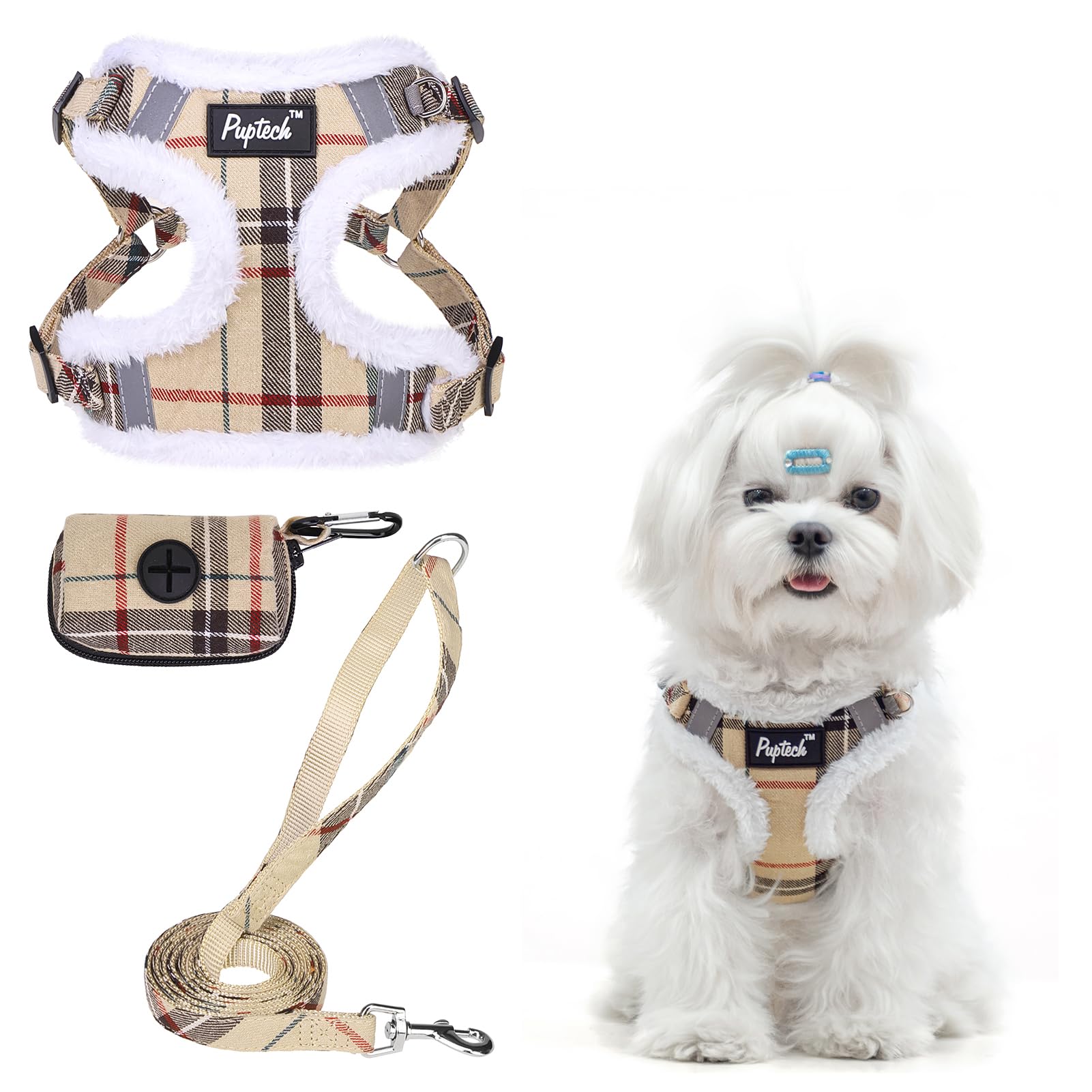PUPTECK No Pull Dog Harness and Leash Set Reflective No Choke Step in Puppy Halter for XS Small and Medium Sized Dogs, Beige Pla