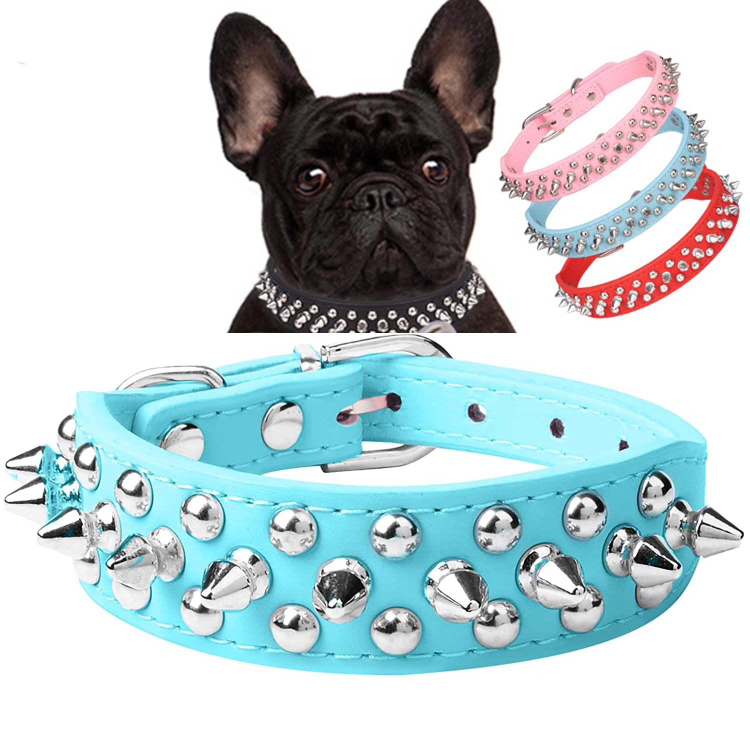 Serijoars Spiked Dog Collar Soft Pu Leather Mushrooms Rivet Spike Studded Dog Collar Adjustable Puppy Collars (M, Light Blue)
