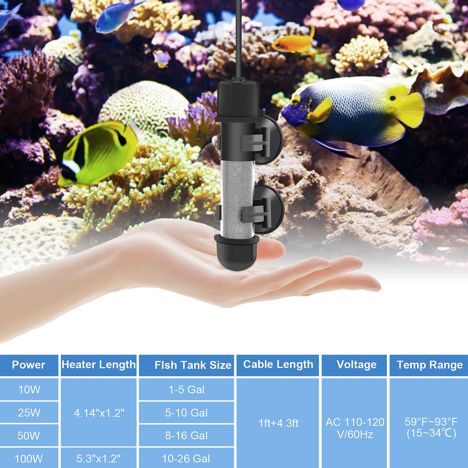 Hygger Small Aquarium Betta Heater, Submersible Fish Tahk Heater 10W/25W/50W/100W With Led Digital Display, Suitable For Marine Saltwater And Freshwater Up To 5/10/16/26 Gallon