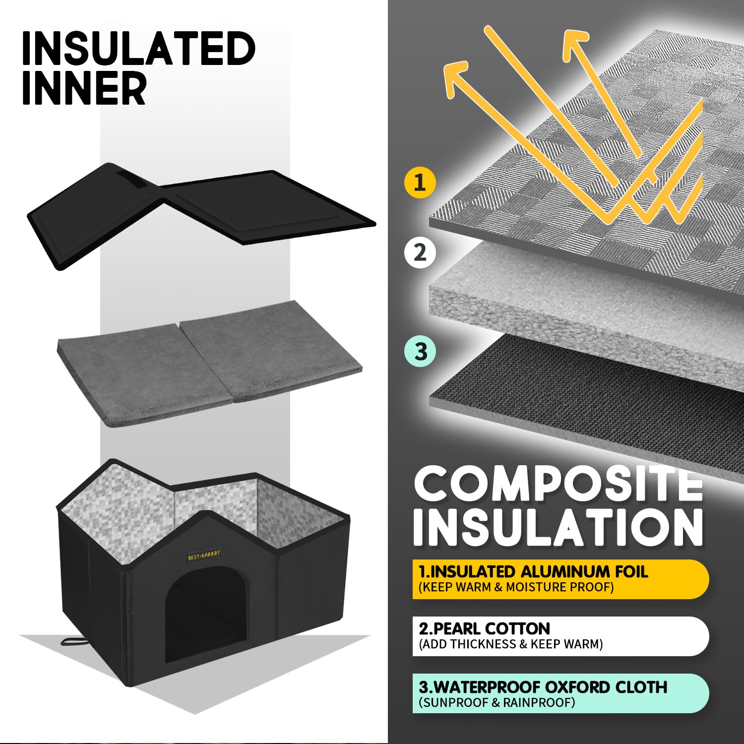 Rest-Eazzzy Cat House for Outdoor Cats, Weatherproof and Insulated Feral Cat House with Mat and Clip, Easy to Put Together, Self