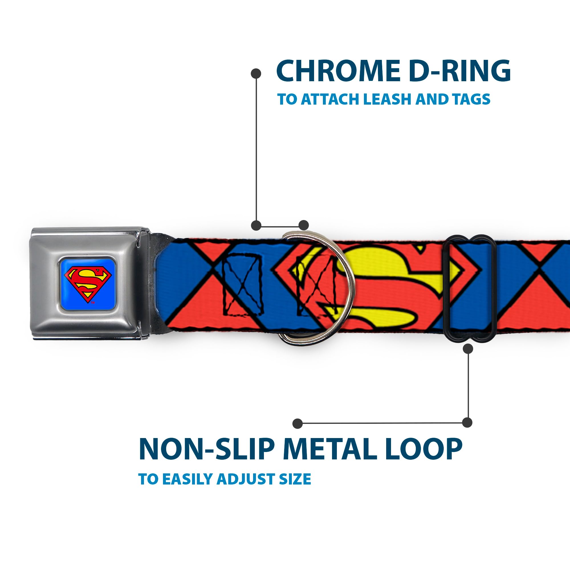 Buckle-Down Dog Collar Seatbelt Buckle Superman Shield Close Up Blue Red Yellow 9 To 15 Inches 1.0 Inch Wide, Multicolor