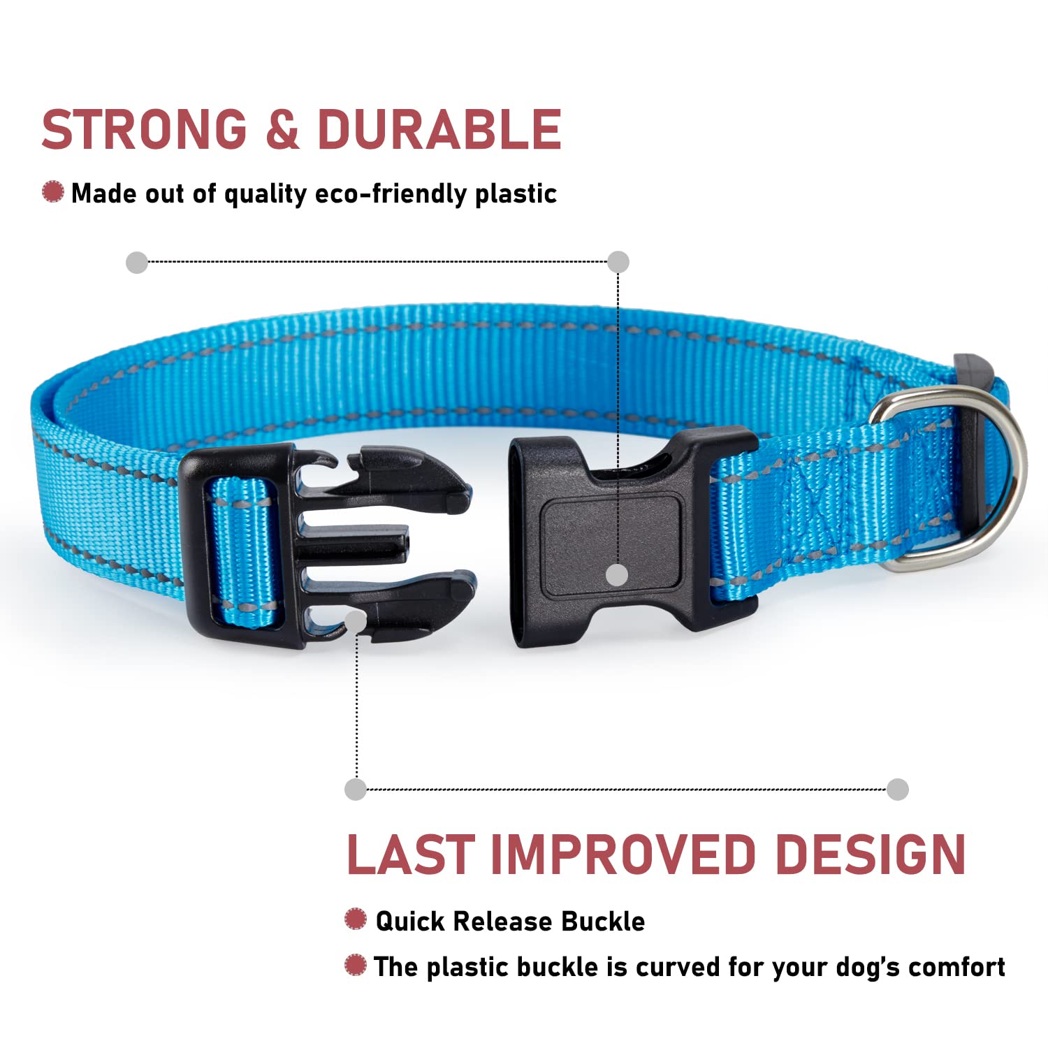 Reflective Dog Collar With Buckle Adjustable Safety Nylon Collars For Small Medium Large Dogs, Blue L