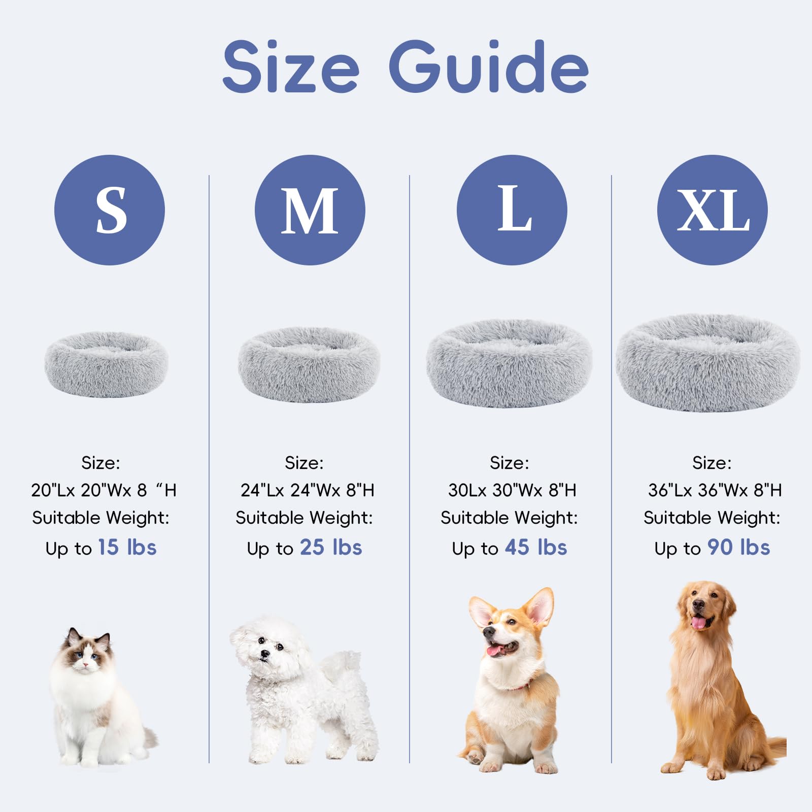 Fluffydream 24 Inch Donut Dog Bed, Calming Plush Fur Cuddle Bed For Dogs And Cats, Grey Washable Round