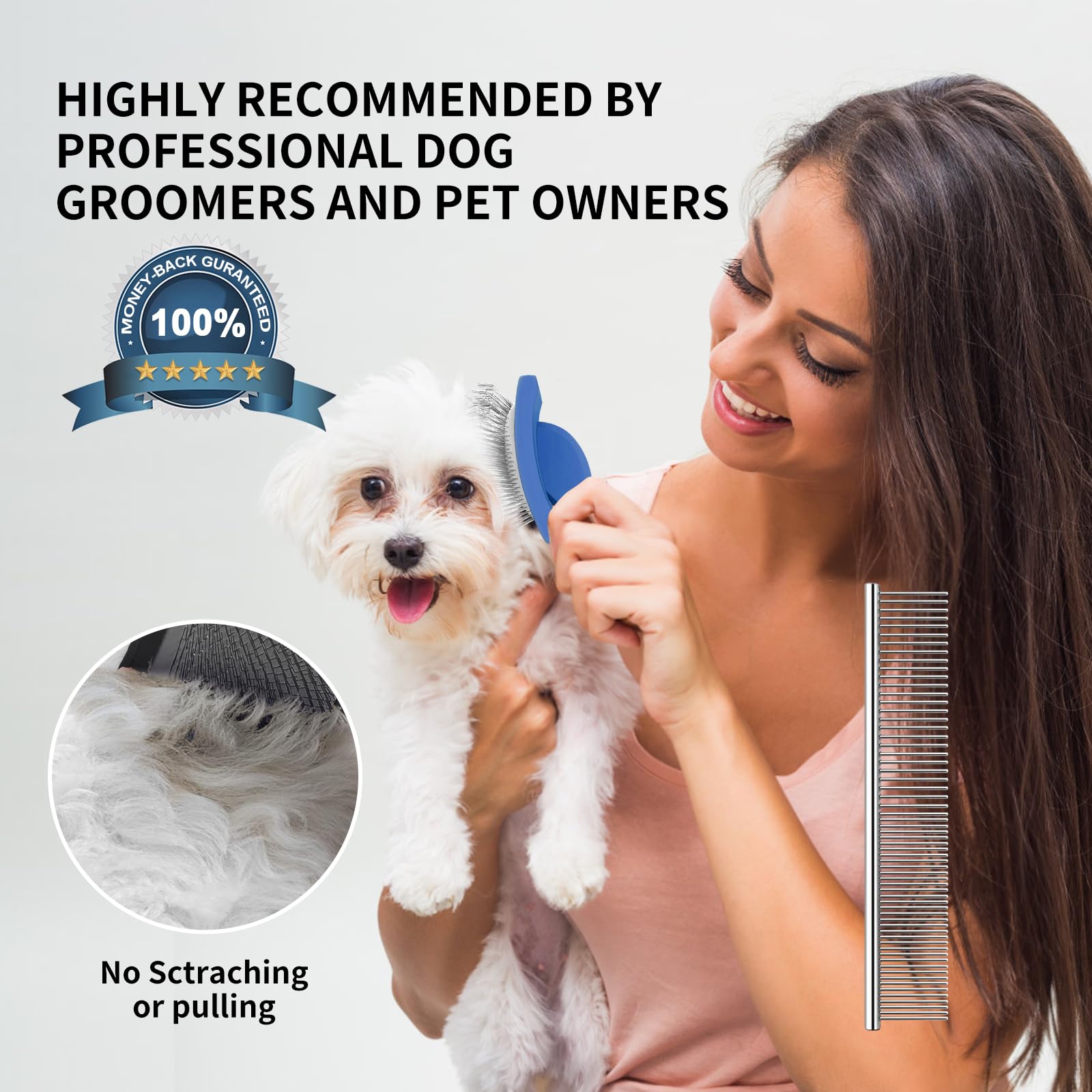 Wopqaem Slicker Brush For Dogs, Long Pin Dog Grooming Brush For Goldendoodles, Poodles, Doodles & More, Includes Bonus Pet Comb, Perfect For De-Shedding, Dematting & Reducing Tangles. Large, Blue