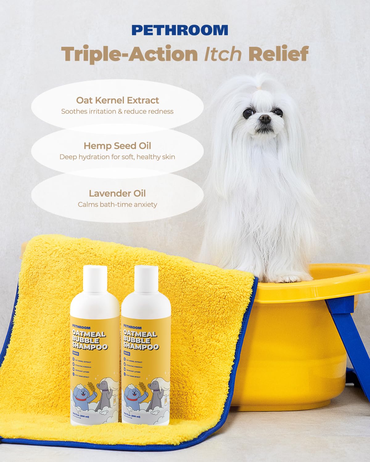 [Pethroom] Premium Oatmeal Dog Shampoo For Itchy Sensitive Skin Relief - 500Ml | Hypoallergenic Dog Shampoo With Oat, Hemp, Lave