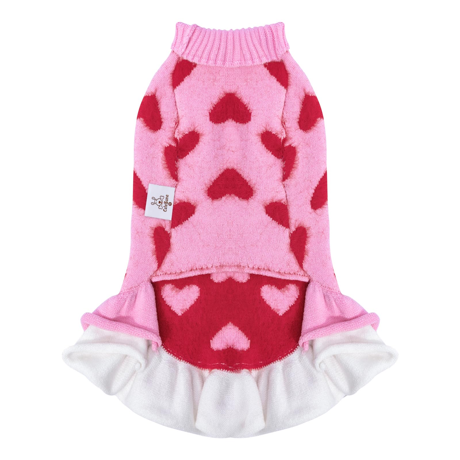 Cutebone Fancy Pink Dog Sweater Dress, Soft And Stretchy Dog Clothes For Small Dogs Girl, Pink Heart Puppy Sweater Pullover Ruff