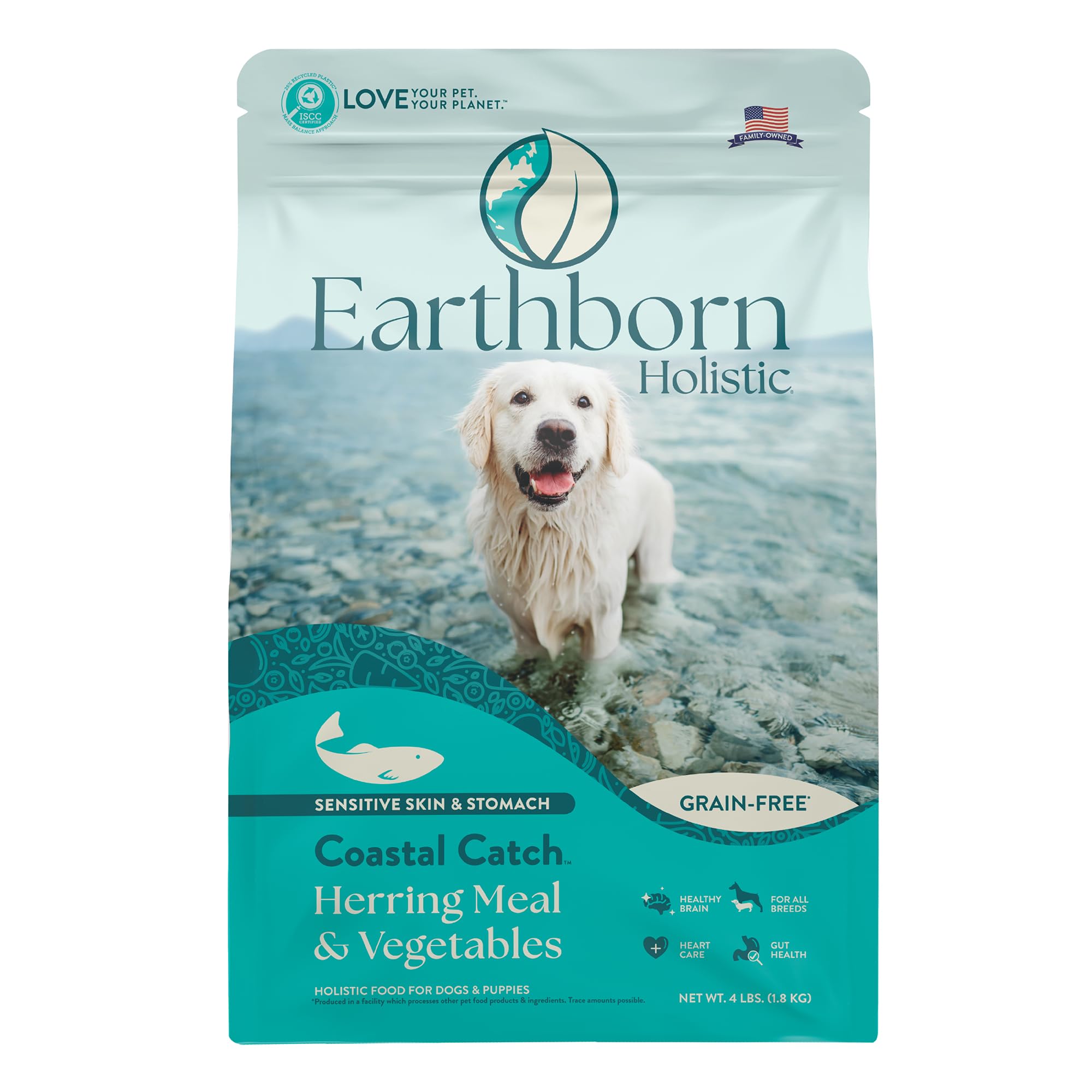 Earthborn Holistic Coastal Catch Herring Meal & Vegetables Grain-Free Sensitive Skin & Stomach Dry Food for Dogs & Puppies (4 lb