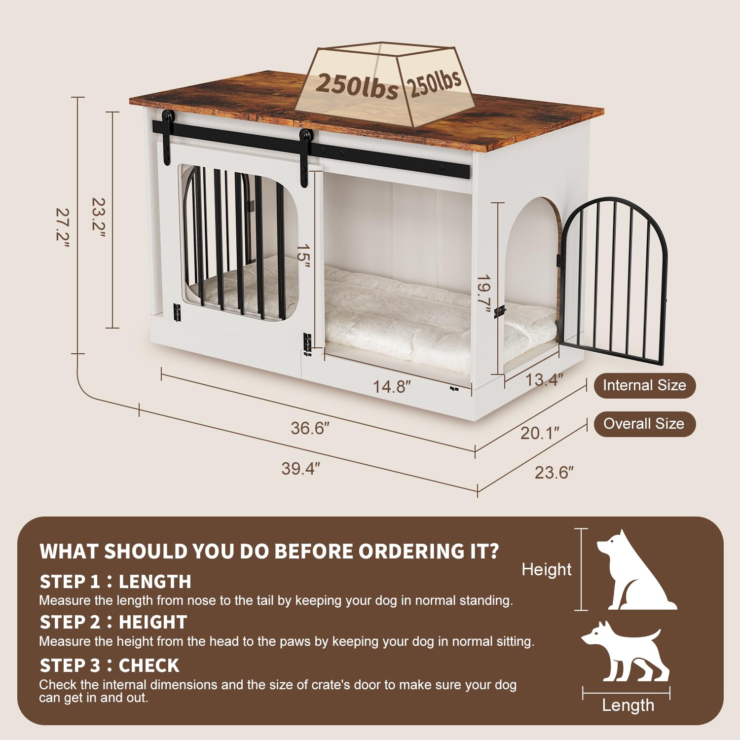 YDTOP XL Dog Kennel Furniture - 39.4" Off White Engineered Wood Crate with Cushion for Small/Medium/Large Dogs, Model PXZZPT052WH