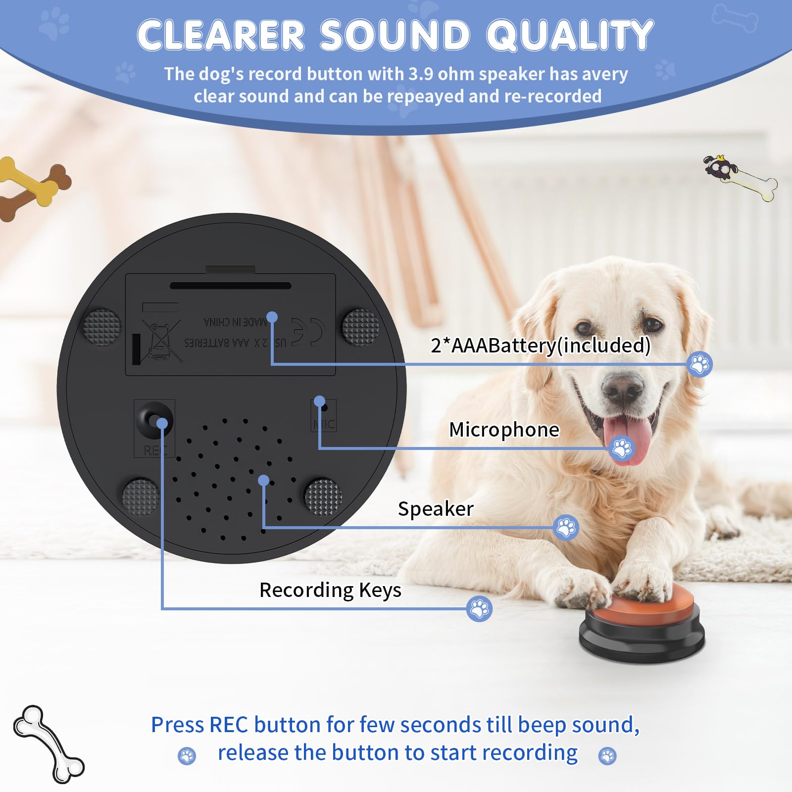 Dciaer Dog Buttons For Communication, 6 Pcs Dog Talking Button Set,30 Seconds Recordable Pet Training Buzzer,With Training Manua