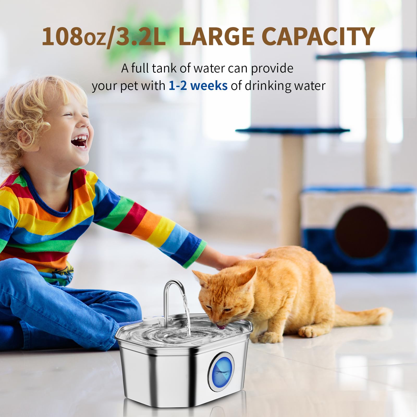 Cat Water Fountain Stainless Steel 108Oz/3.2L, Apauk Automatic Pet Fountain Dog Water Dispenser With Water Level Window, Quiet C
