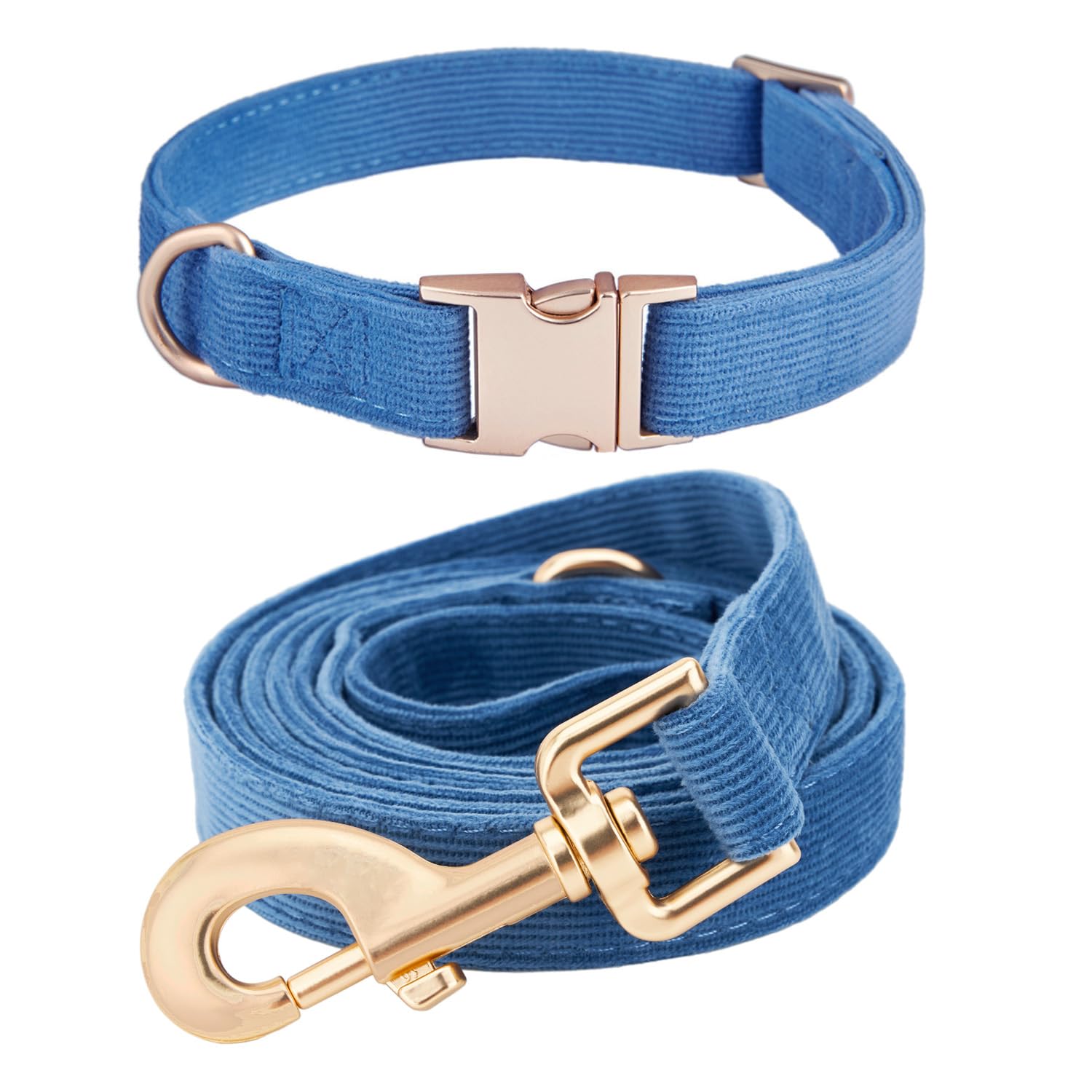 Ewinoom Soft Corduroy Dog Collar and Leash Set, Adjustable Cotton Dog Collars with Metal Buckle and Lead for Medium Dogs,Blue