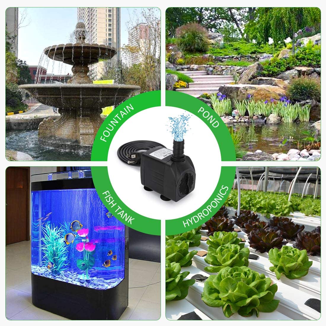 Growneer 2 Packs 550Gph Submersible Pump 30W Ultra Quiet Fountain Water Pump, 2000L/H, With 7.2Ft High Lift, 3 Nozzles, 4.9 Feet Tubing For Aquarium, Fish Tank, Pond, Hydroponics, Statuary