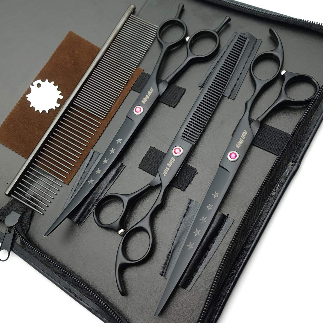 Kingstar 8.0In. Matt Black Professional Pet Grooming Scissors Set,Straight & Thinning & Curved Scissors Set With Comb,Dog Grooming,A559