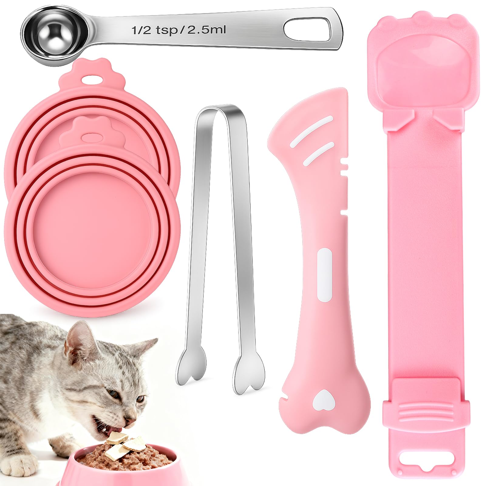 AIERSA Cat Food Can Lid Set, Includes Treat Squeeze Spoon for Wet Food, Silicone Cans Covers, Cat Can Opener with Spatula, Freez