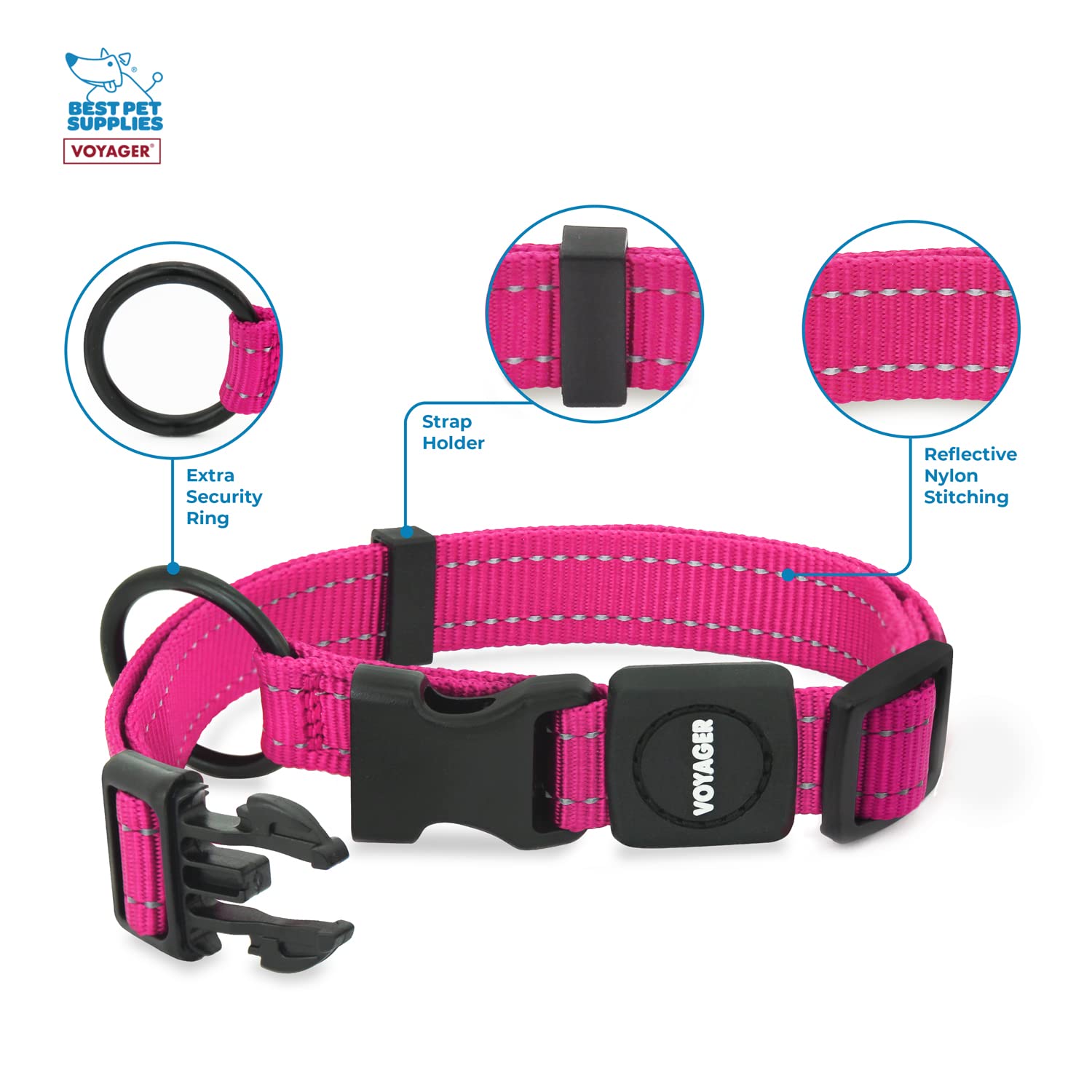 Best Pet Supplies Reflective Dog Collar With Adjustable Length, Heavy-Duty Buckle, And Strong Leash D-Ring, Training, Walking, Jogging Accessory For Small, Medium, And Large Breeds - Fuchsia, L