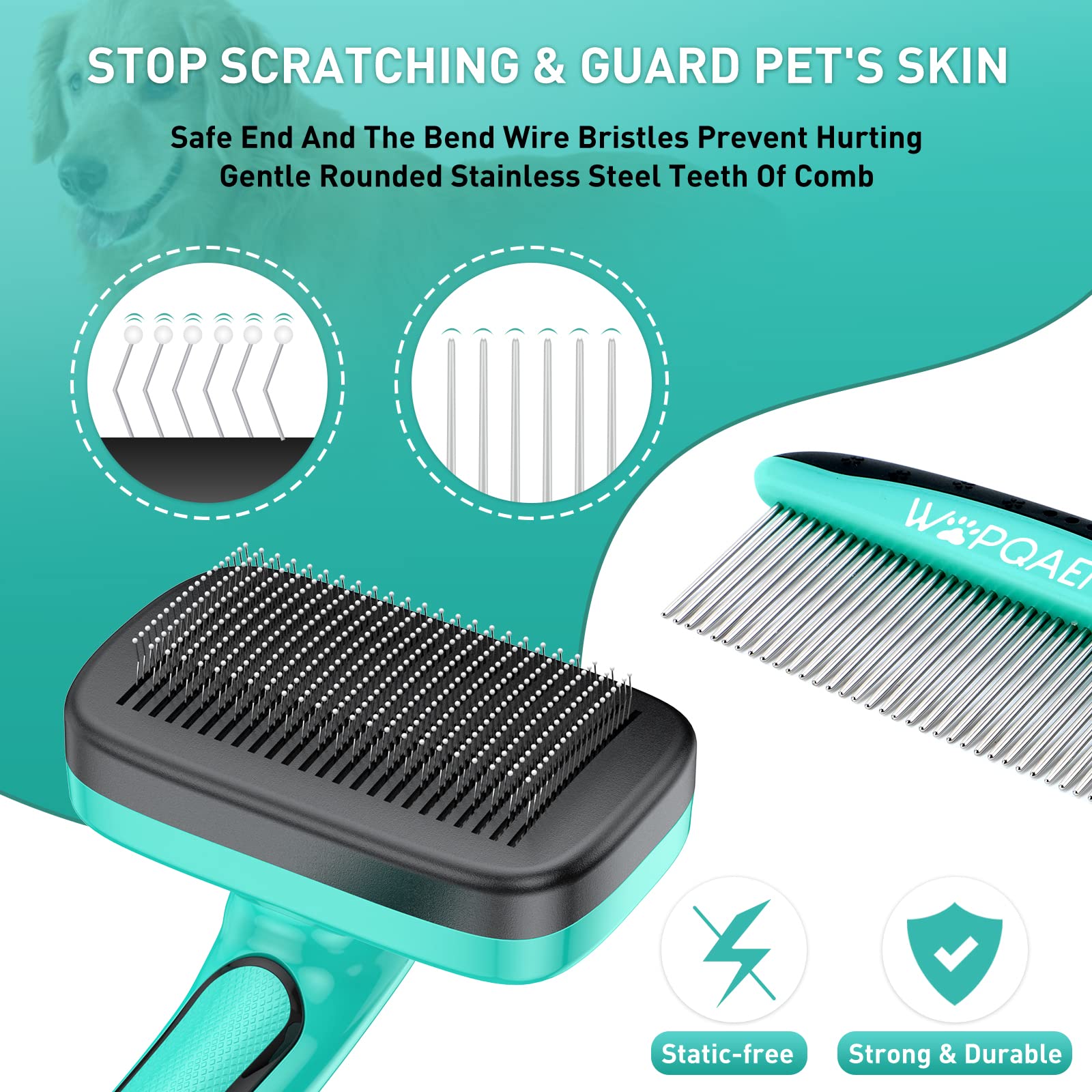 Dogs & Cats Self-Cleaning Slicker Brush For Shedding Long Short Haired, Safe Painless Bristles Removes Loose Undercoat, Tangled For All Size Pet, Grooming Set With Free Comb & Nail Clippers Included