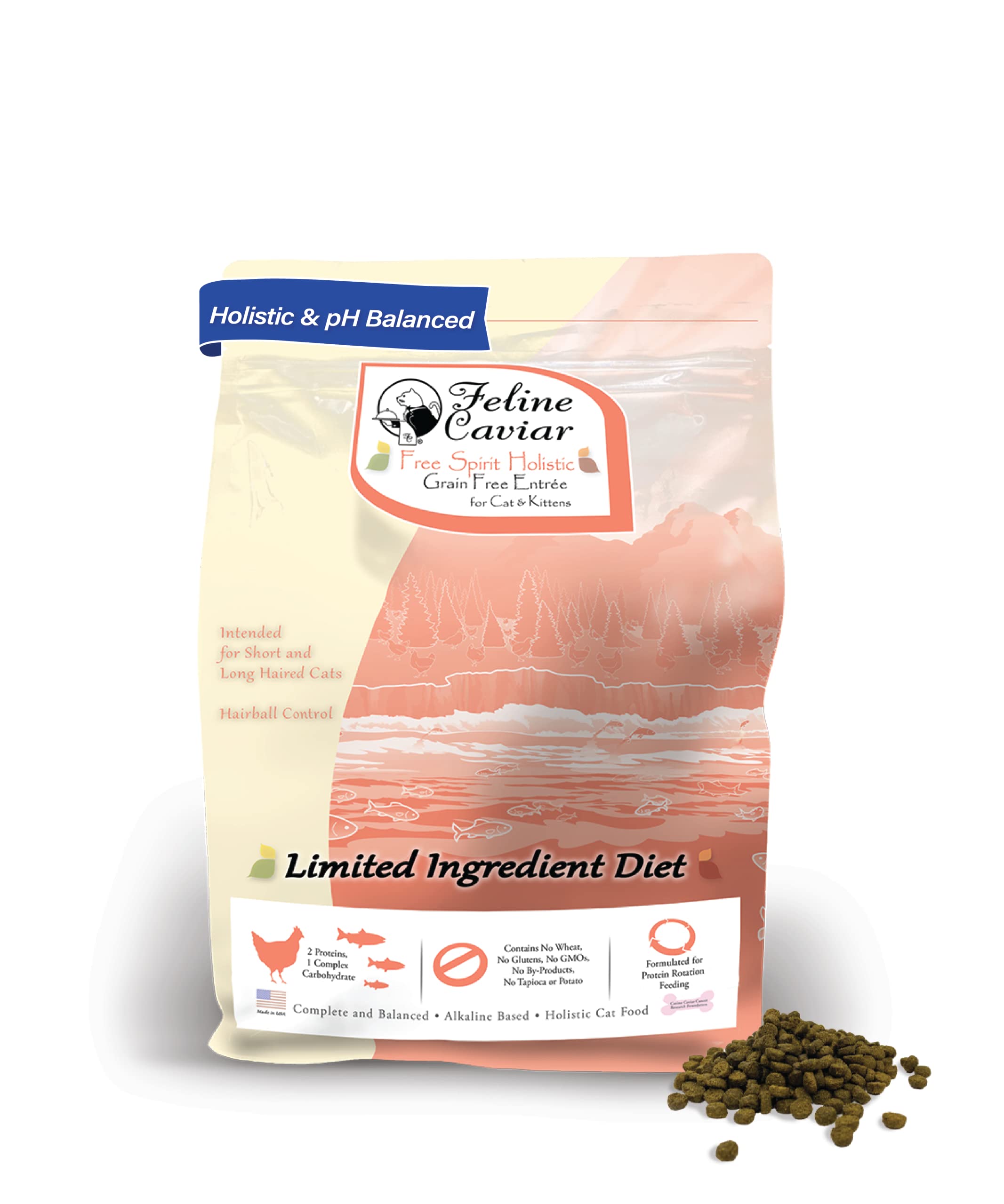 Feline Caviar Dry Cat Food - Free Spirit: Chicken & Salmon - Holistic Limited Ingredient Grain Free Dry Cat Food Entr  e, Short 