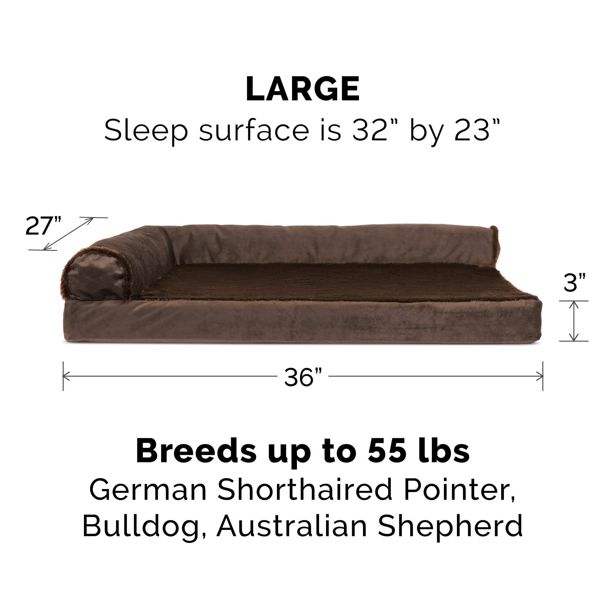 Furhaven Orthopedic Dog Bed For Large/Medium Dogs W/ Removable Bolsters & Washable Cover, For Dogs Up To 55 Lbs - Plush & Velvet L Shaped Chaise - Sable Brown, Large
