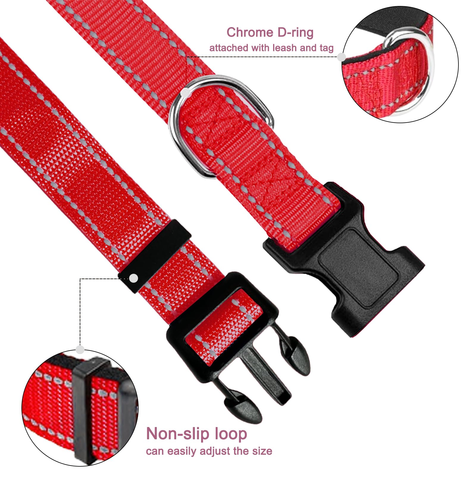 Red Dog Collar, Reflective Pet Collar with Buckle Adjustable Safety Nylon Collars for Small Medium Large Dogs, XL