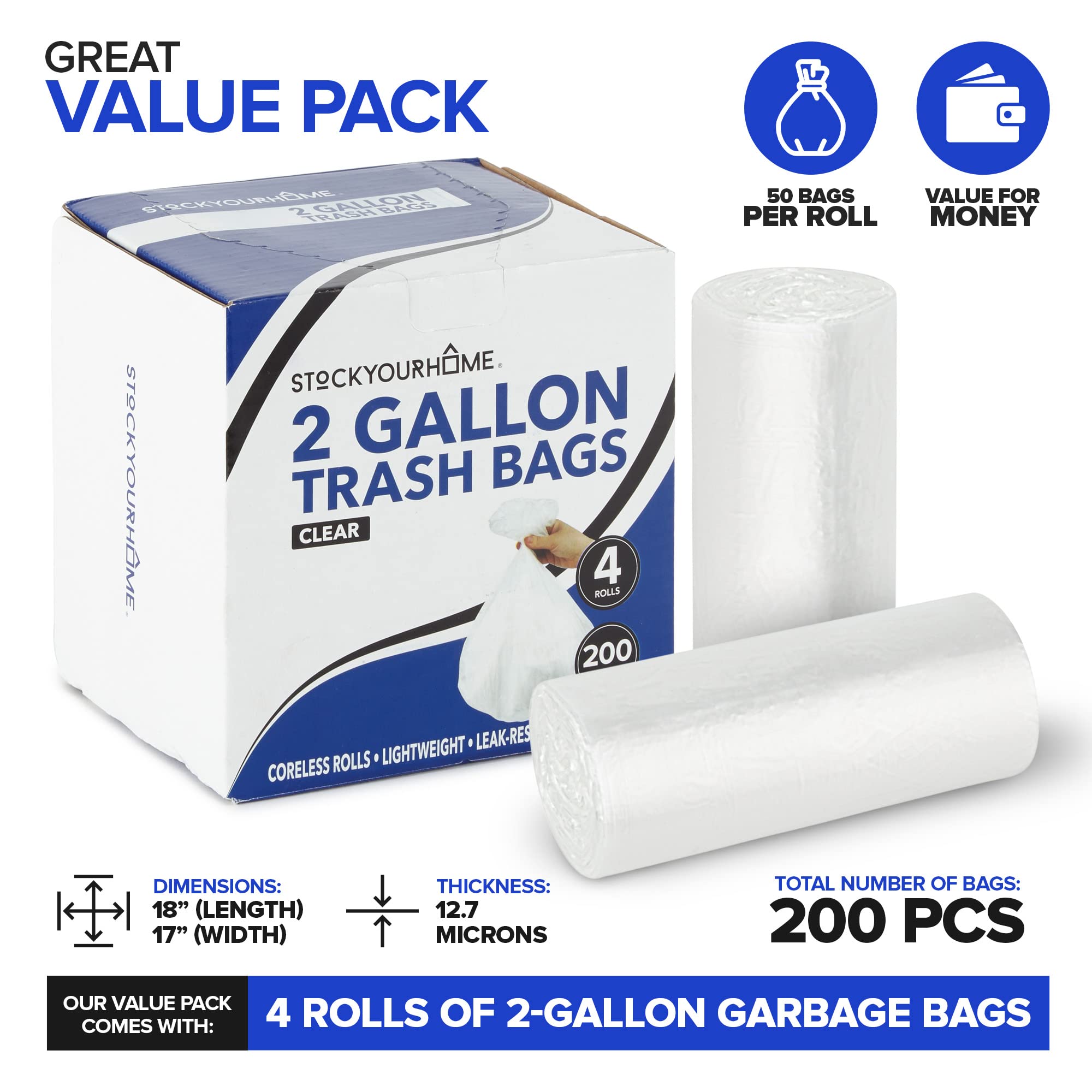 Stock Your Home Clear 2 Gallon Trash Bags, 200 Pack, Un-Scented Plastic Liners for Bathroom, Office, and Dog Waste