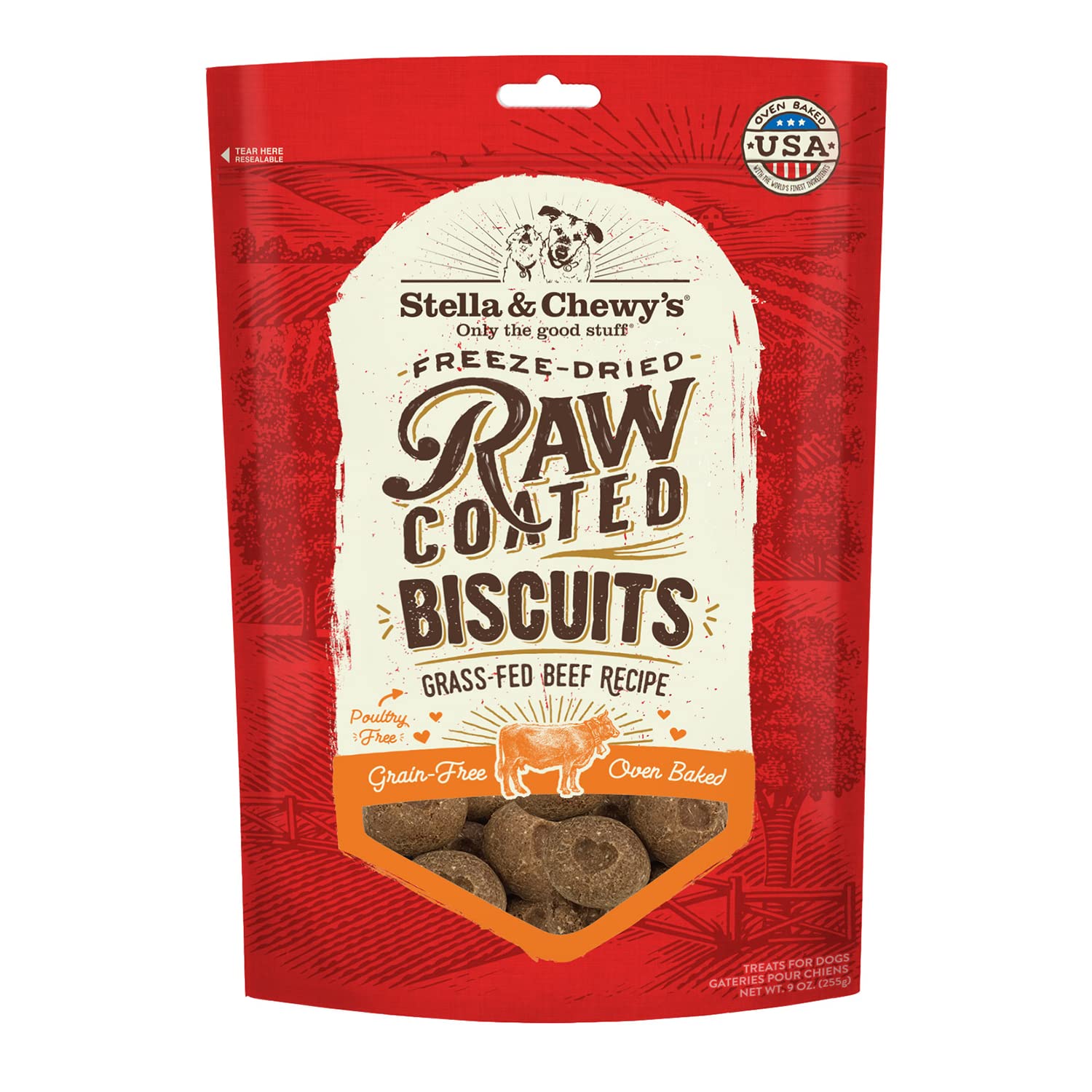 Stella & Chewys Freeze-Dried Raw Coated Dog Biscuits - Grass-Fed Beef Recipe - Protein Rich, Grain Free Dog & Puppy Treat - Gre