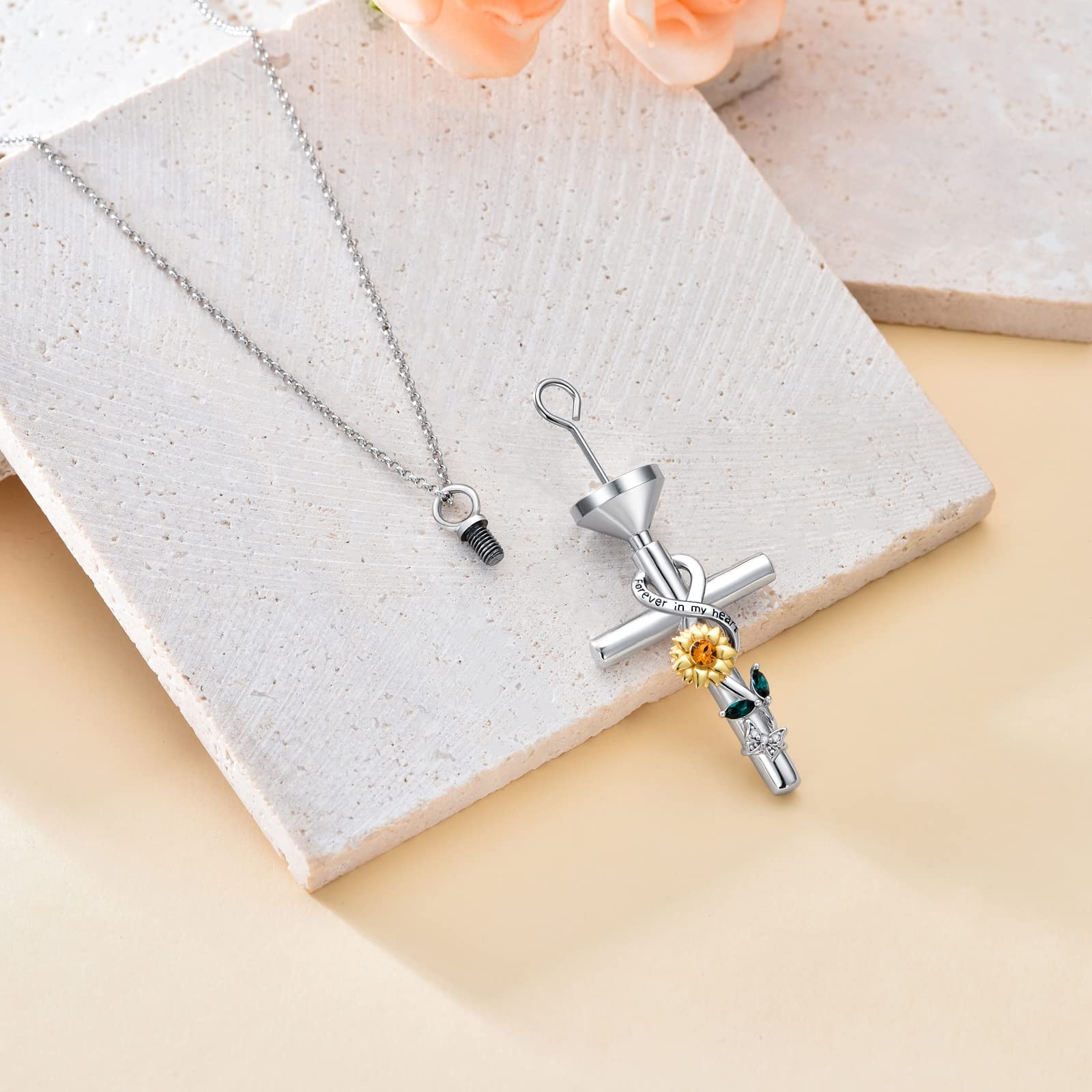 Flpruy Sunflower Urn Necklaces For Ashes 925 Sterling Silver Sunflower Cross Urn Pendant Cremation Keepsake Memorial Pendant Nec