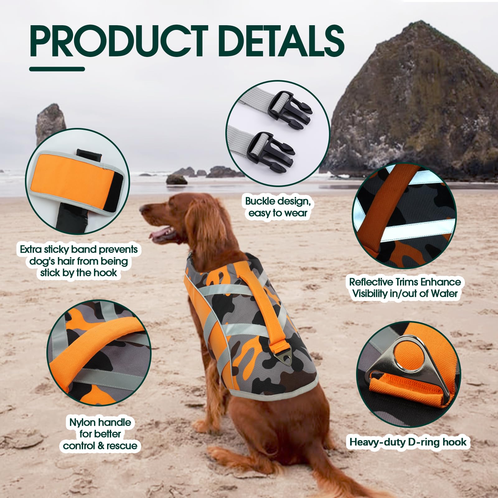 Kuoser Dog Life Jacket, High Visibility Ripstop, Adjustable For Medium Dogs, Orangecamo