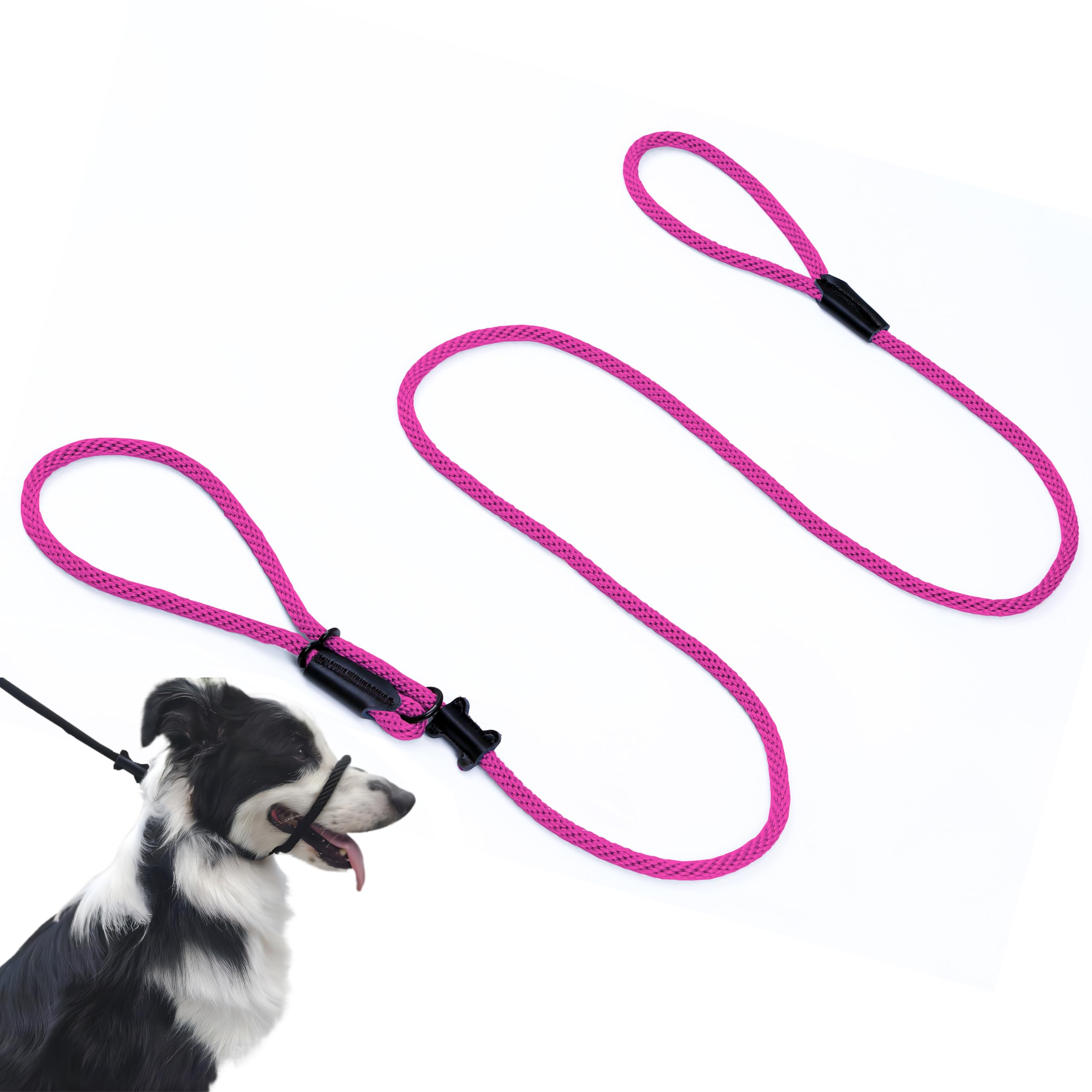 Multifunctional Figure 8 Padded Head Halter Walking Training Leather Stopper Slip Lead Dog Rope Leash (Hot Pink)