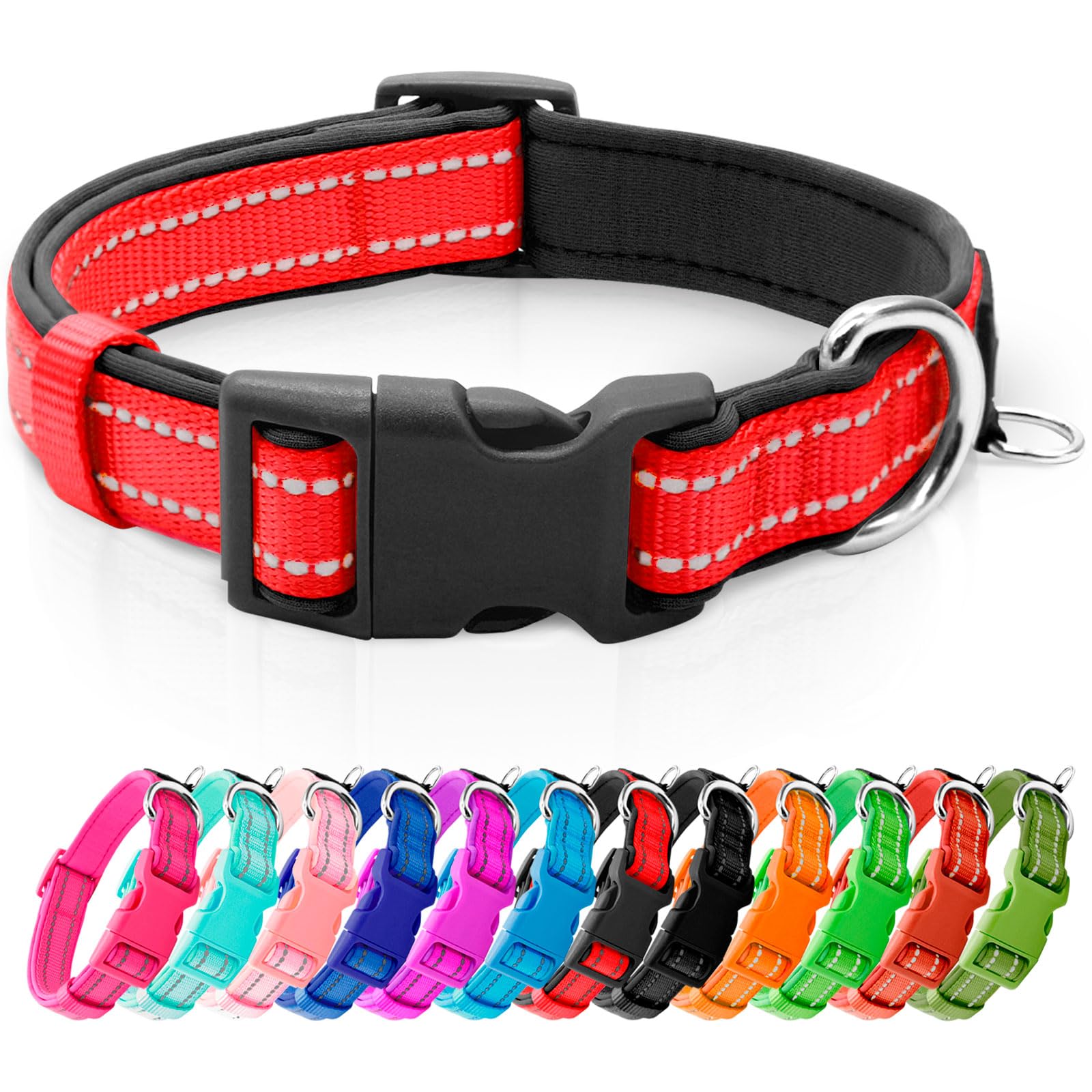 Azuza Reflective Dog Collar,Soft Neoprene Padded Pet Collar With Id Tag Ring,Adjustable For Small Dogs,Red,S